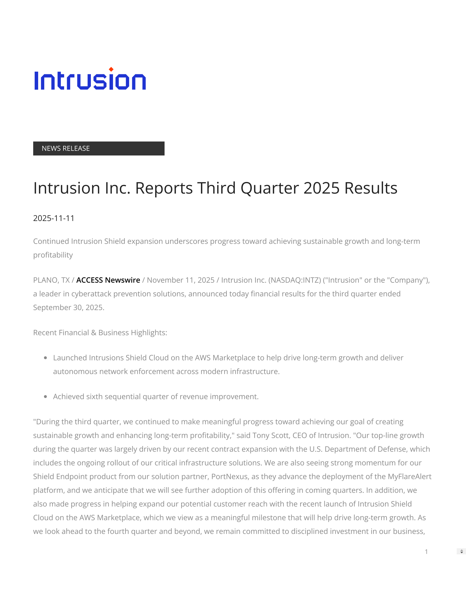 Intrusion's Q3 2025 Earnings Release
