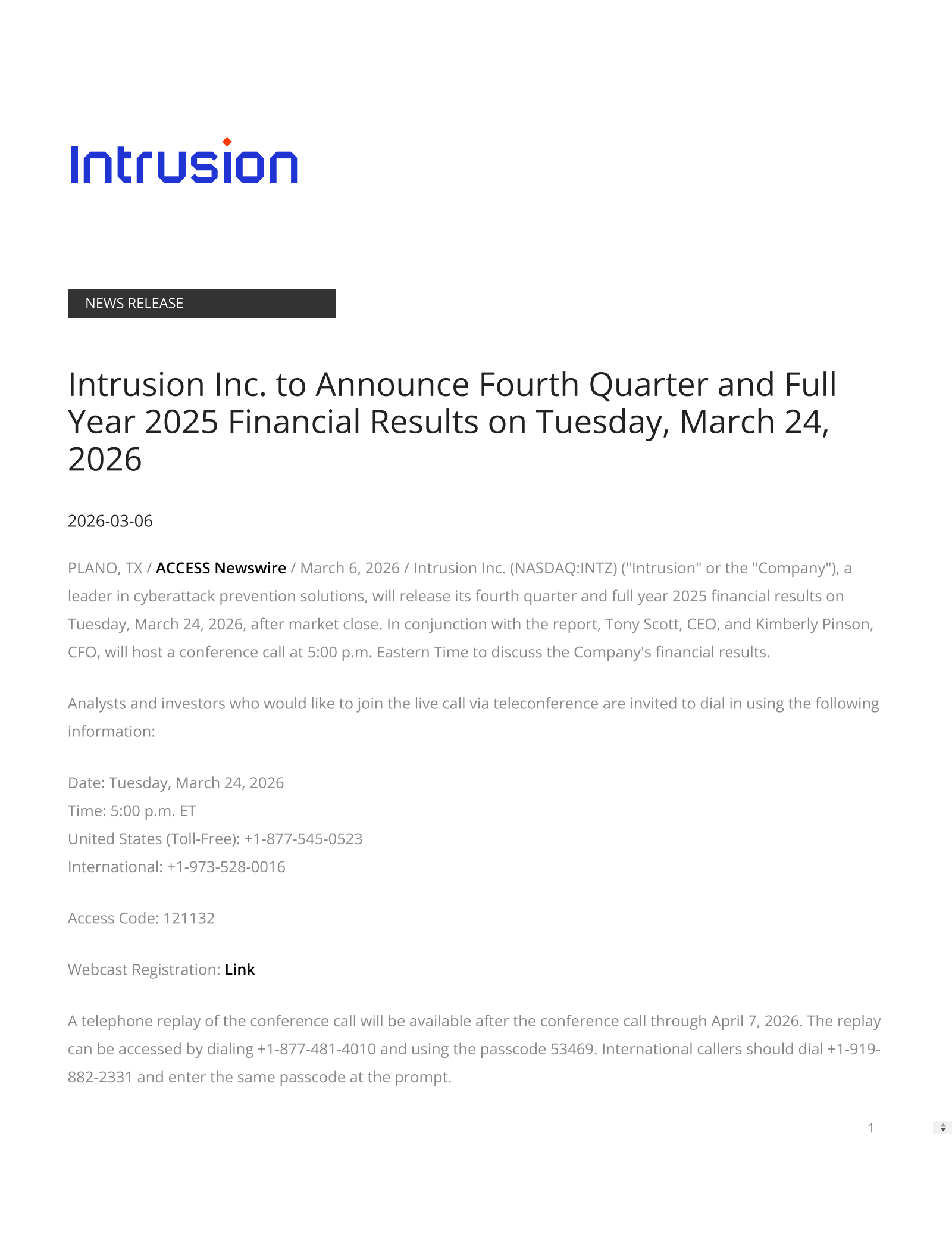 Intrusion's Q4 2025 Press Release