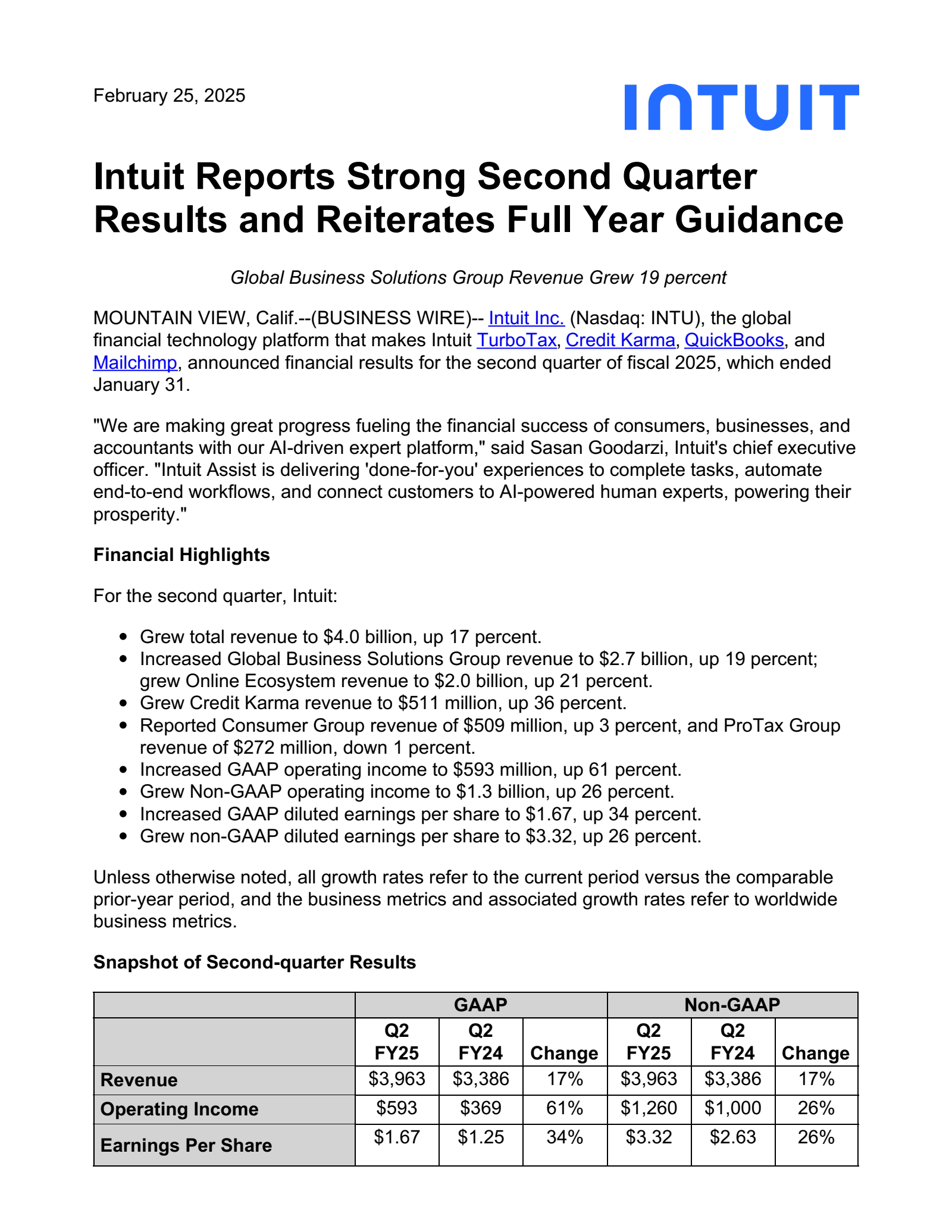 Intuit's Q2 2025 Press Release