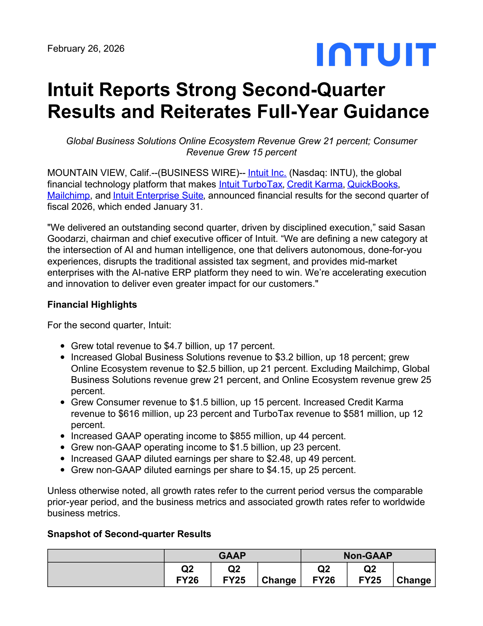 Intuit's Q2 2026 Press Release
