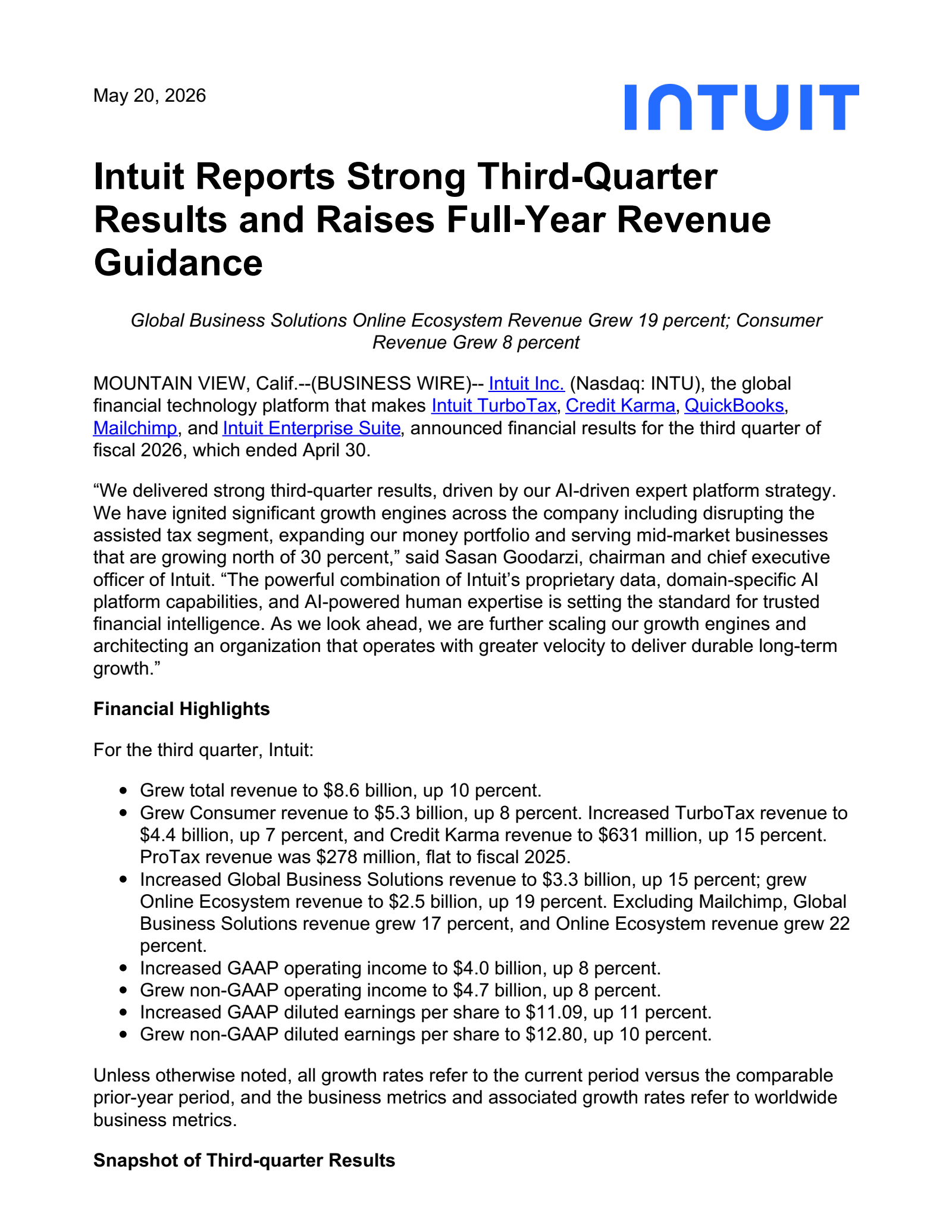 Intuit's Q3 2026 Press Release