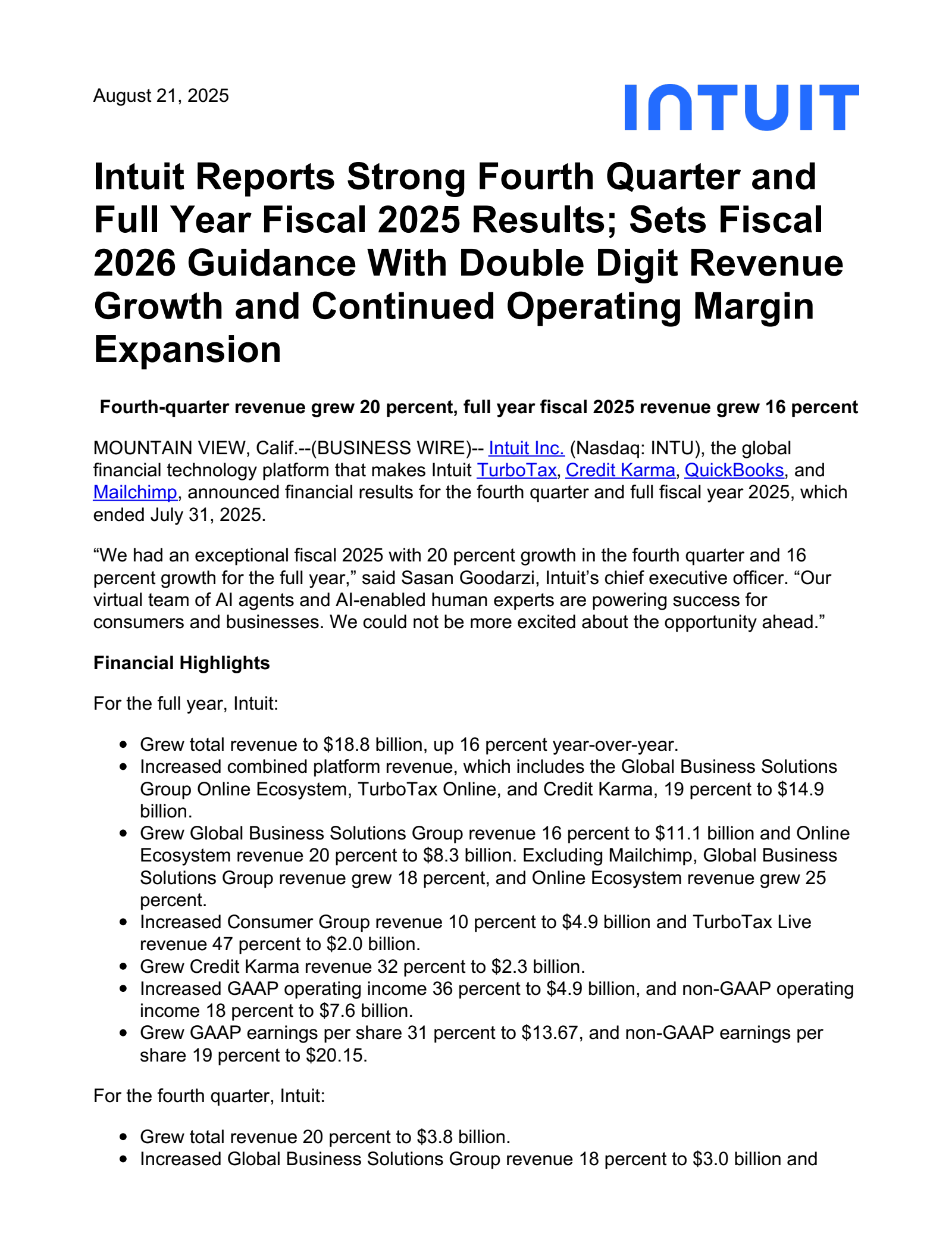 Intuit's Q4 2025 Press Release