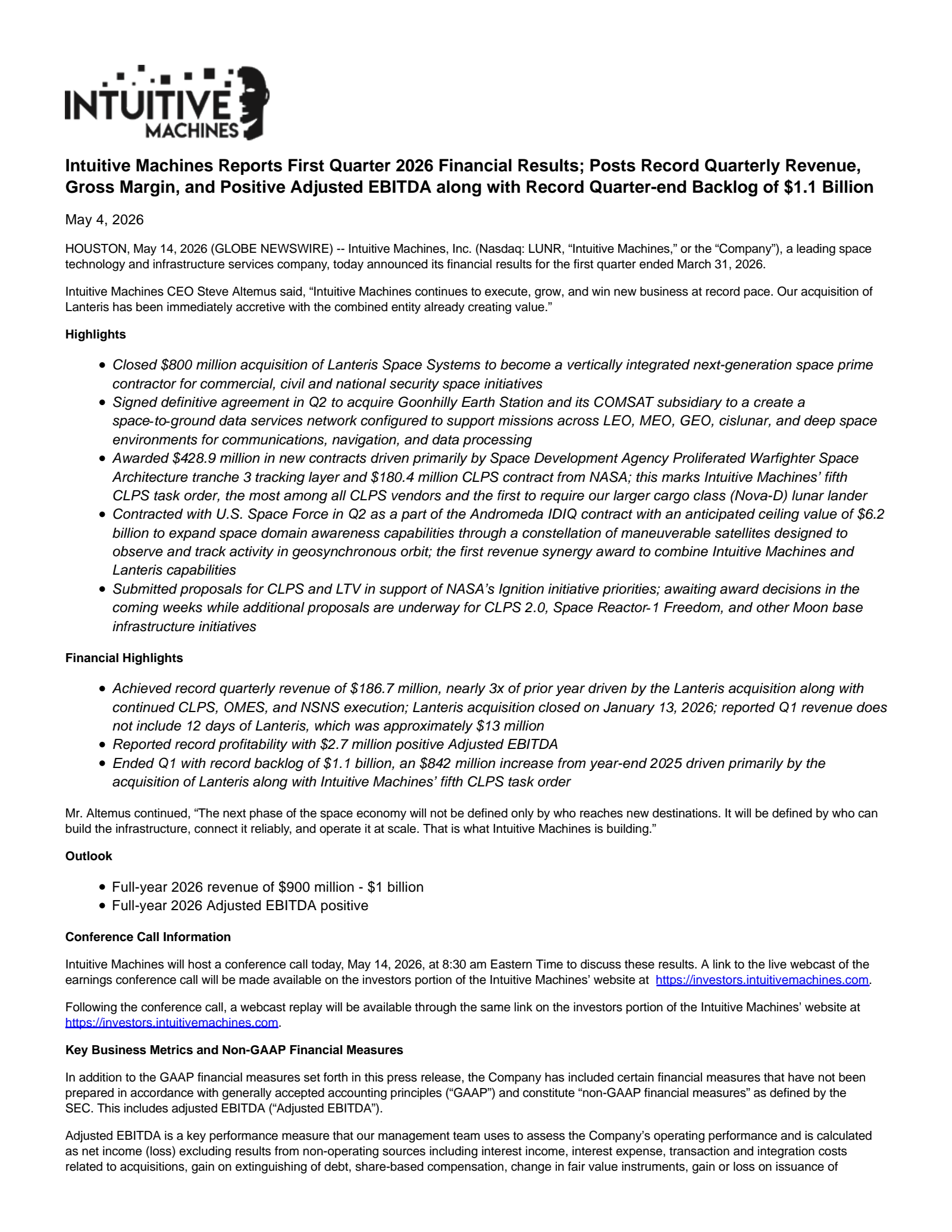 Intuitive Machines' Q1 2026 Press Release
