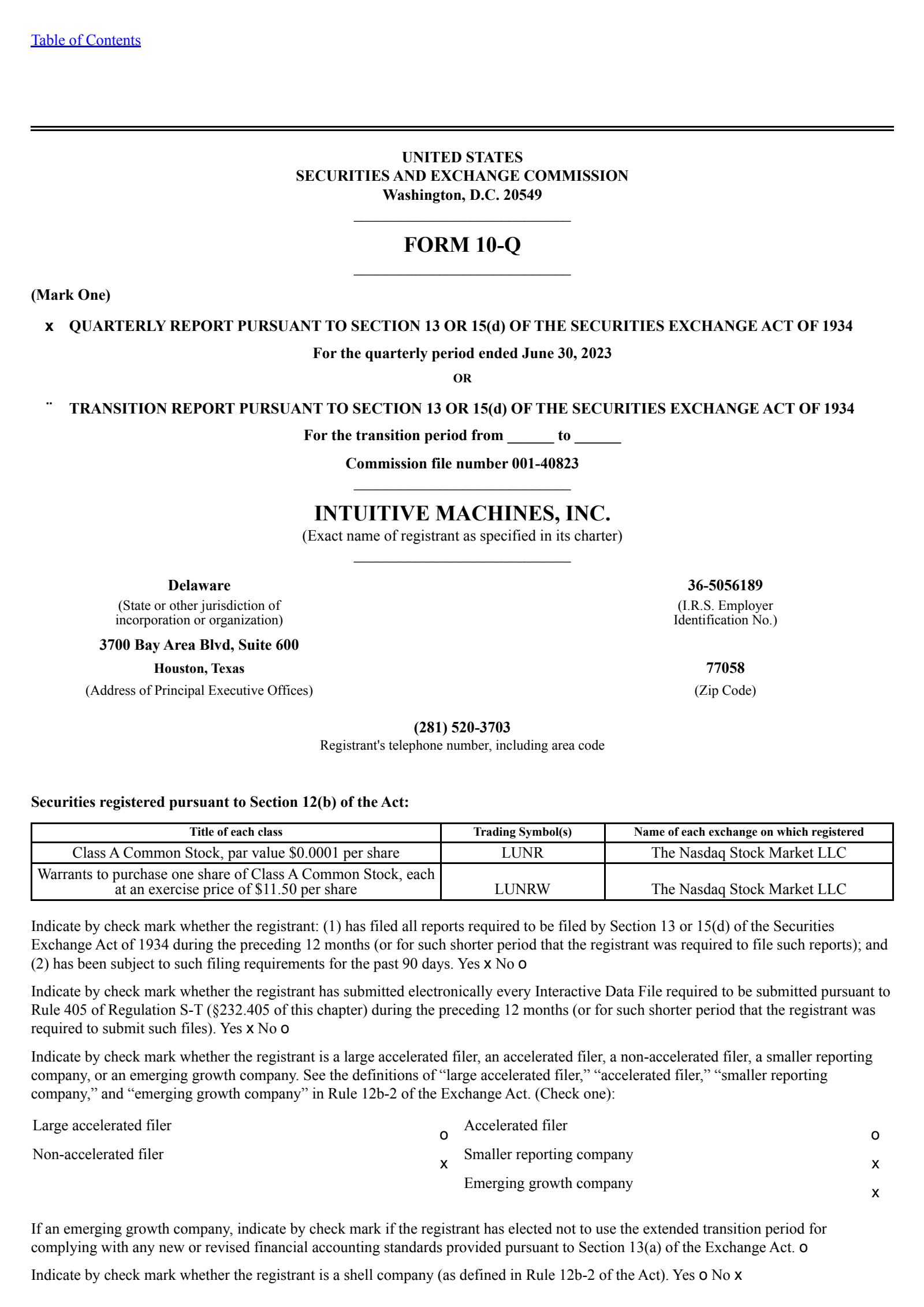 Intuitive Machines' Q2 2023 Quarterly report