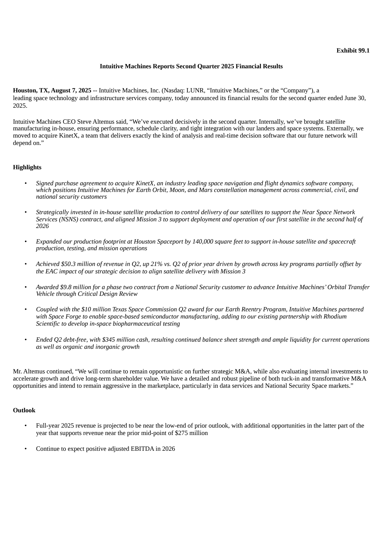 Intuitive Machines' Q2 2025 Press Release