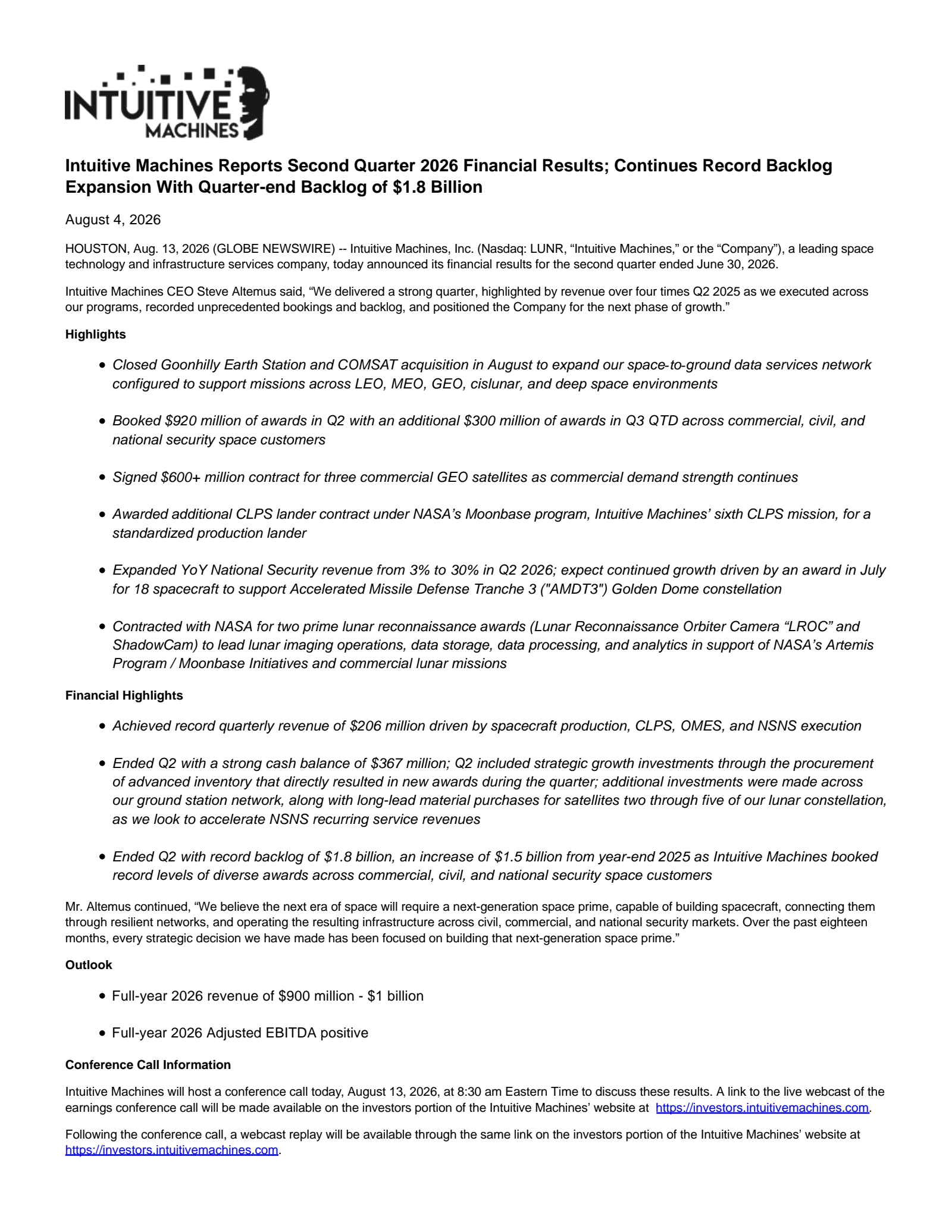 Intuitive Machines' Q2 2026 Press Release