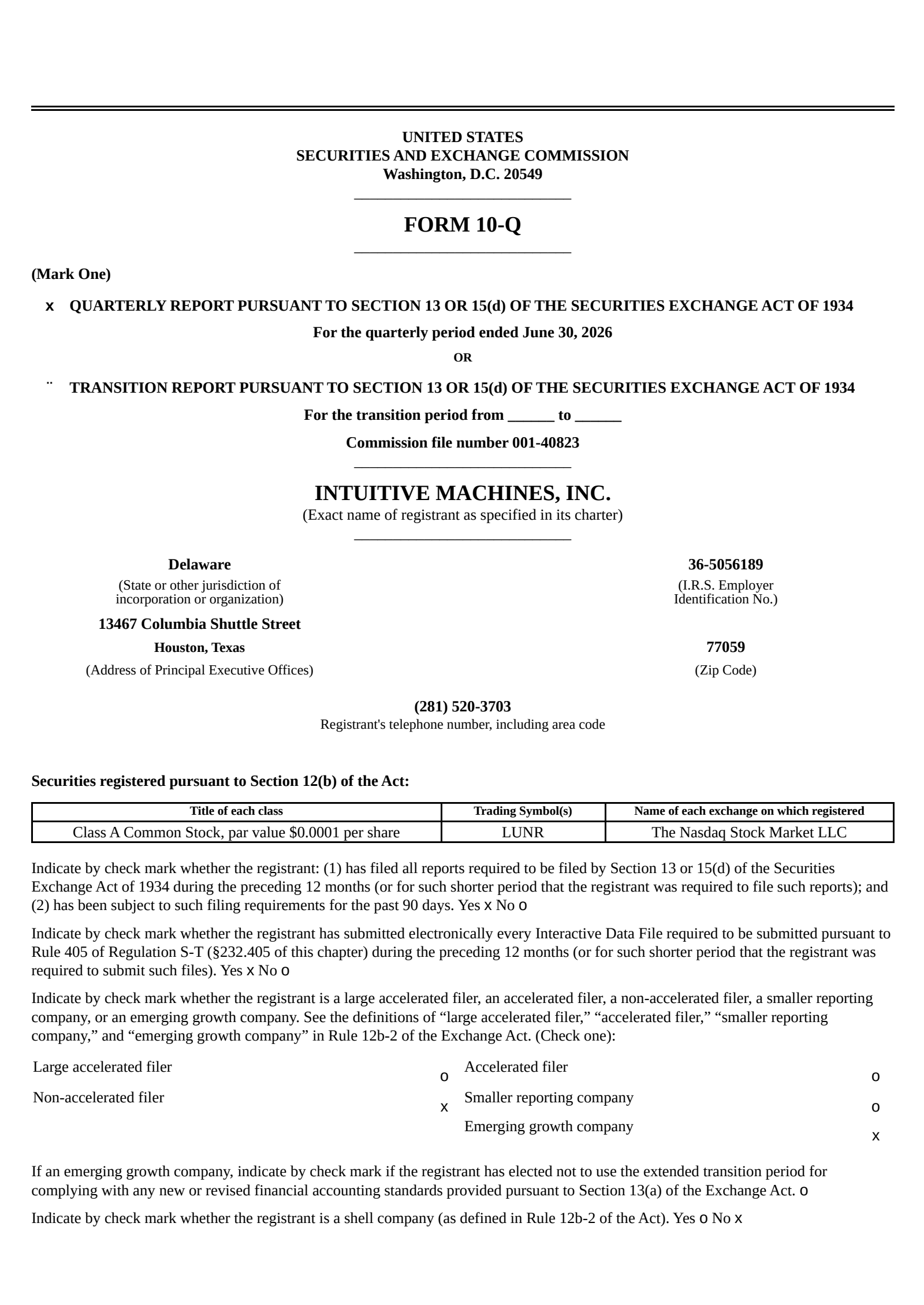 Intuitive Machines' Q2 2026 Quarterly report