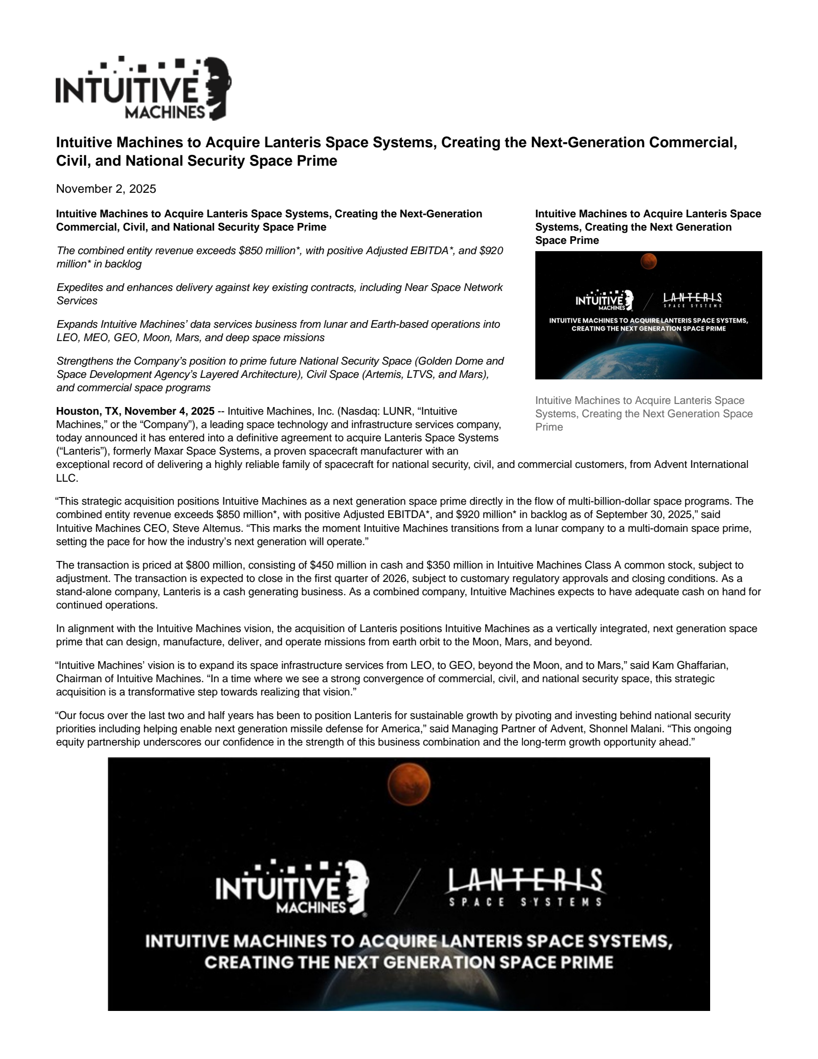 Intuitive Machines' Q3 2025 and M&A Announcement Earnings Release
