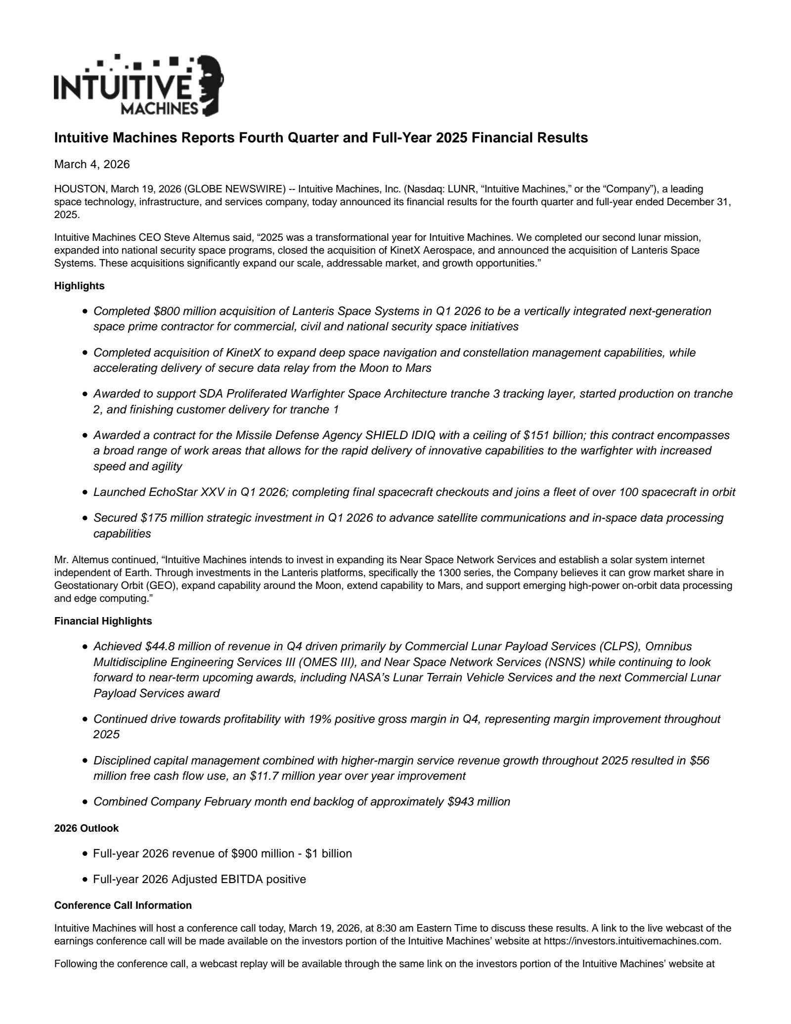 Intuitive Machines' Q4 2025 Press Release