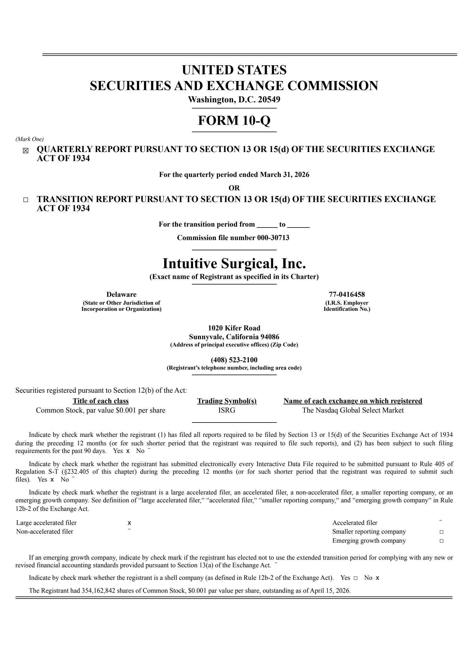 Intuitive Surgical's Q1 2026 Quarterly report