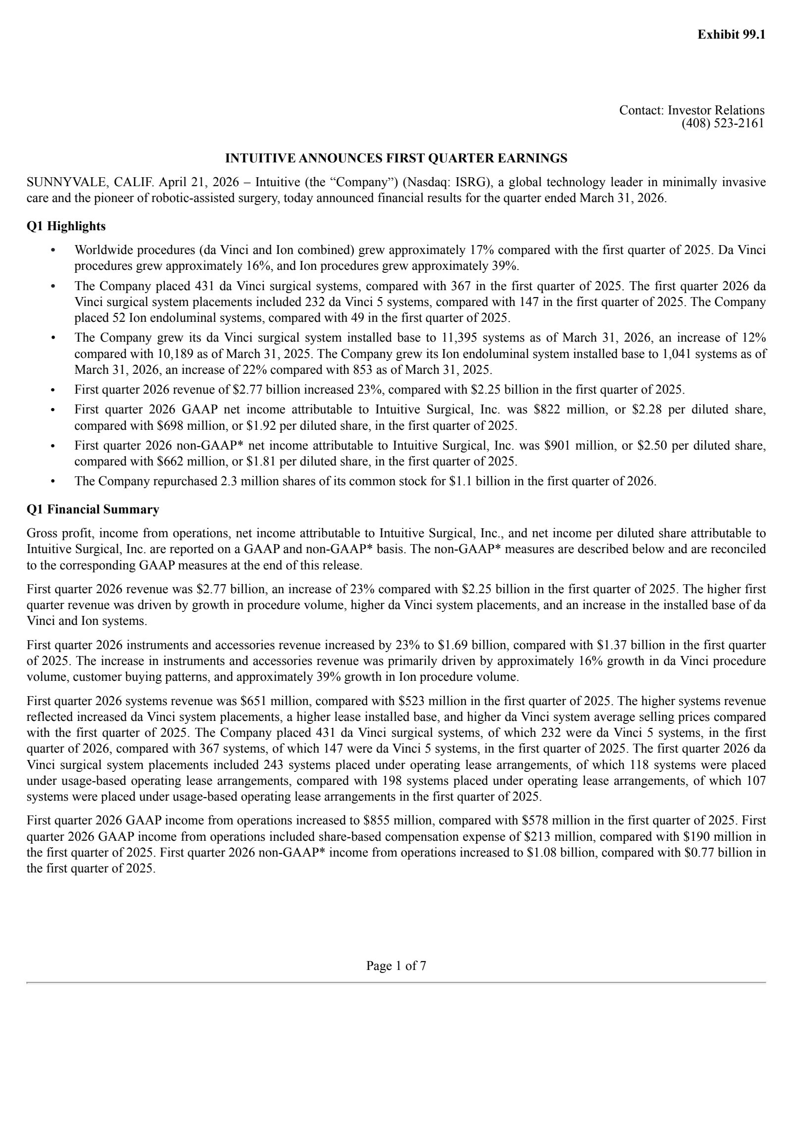 Intuitive Surgical's Q1 2026 Press Release