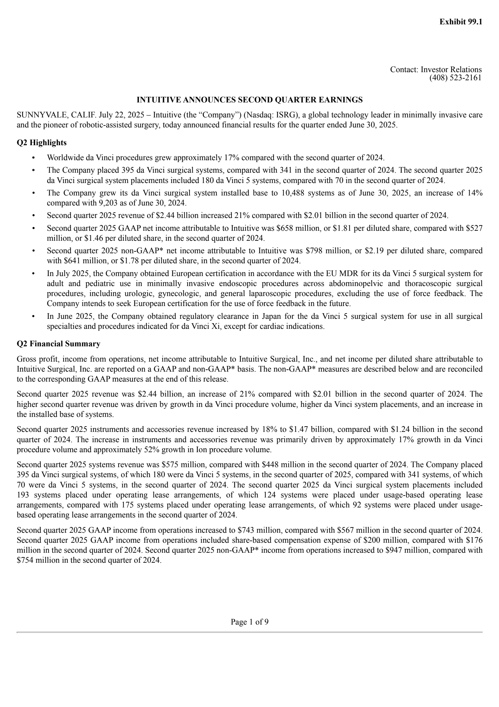 Intuitive Surgical's Q2 2025 Press Release
