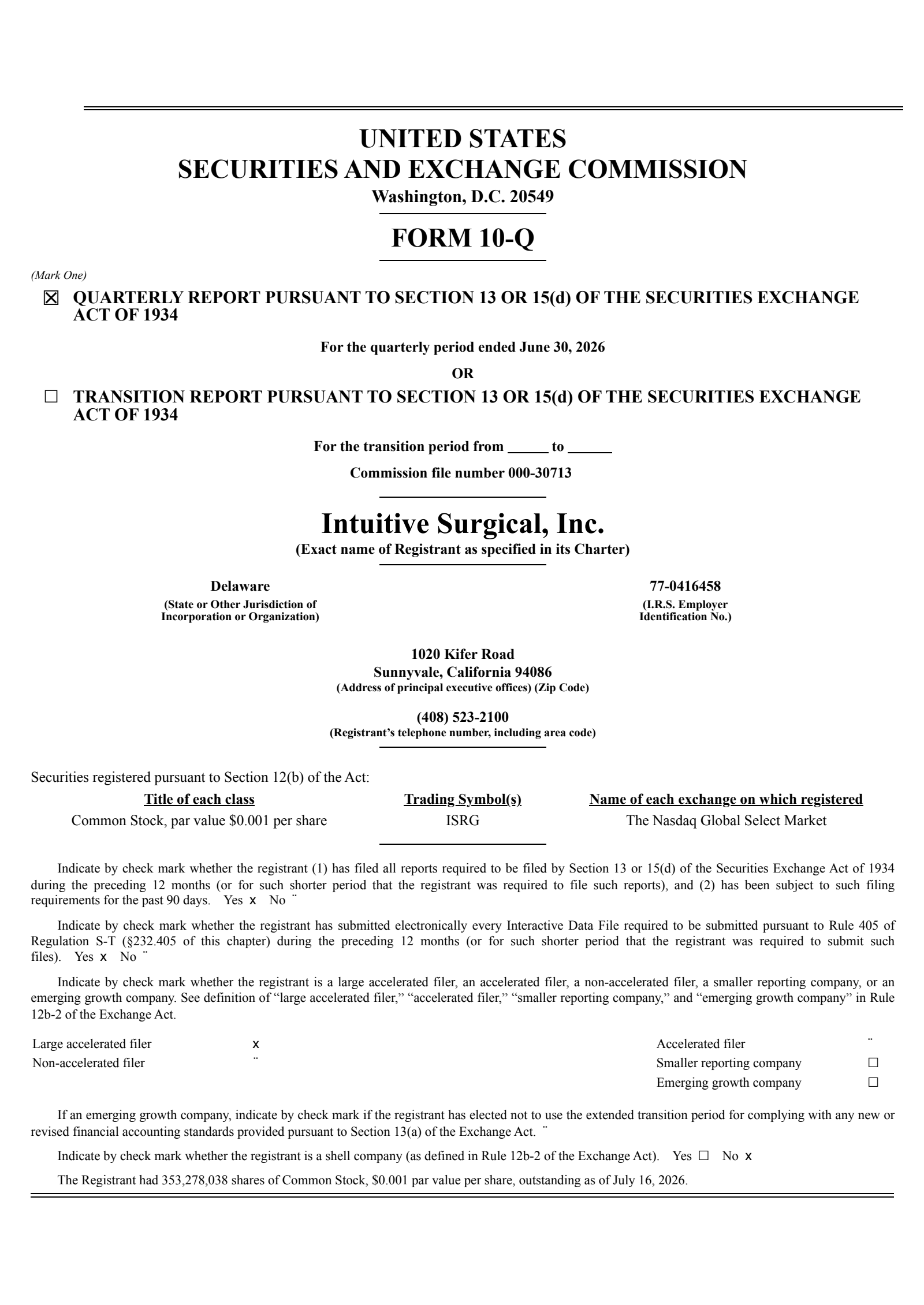 Intuitive Surgical's Q2 2026 Quarterly report