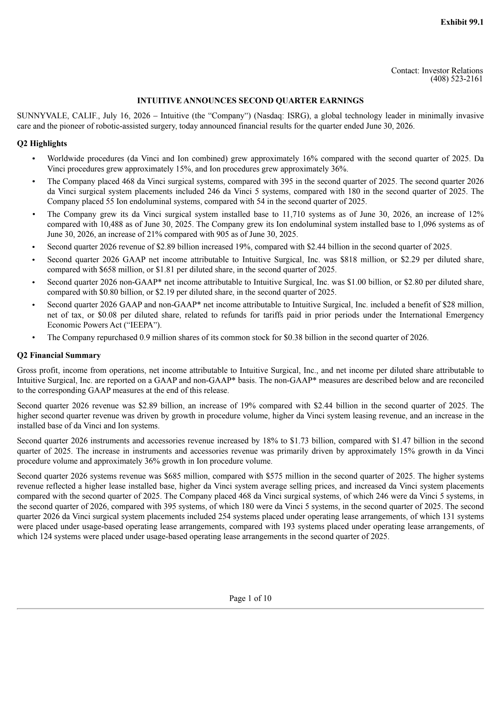 Intuitive Surgical's Q2 2026 Press Release