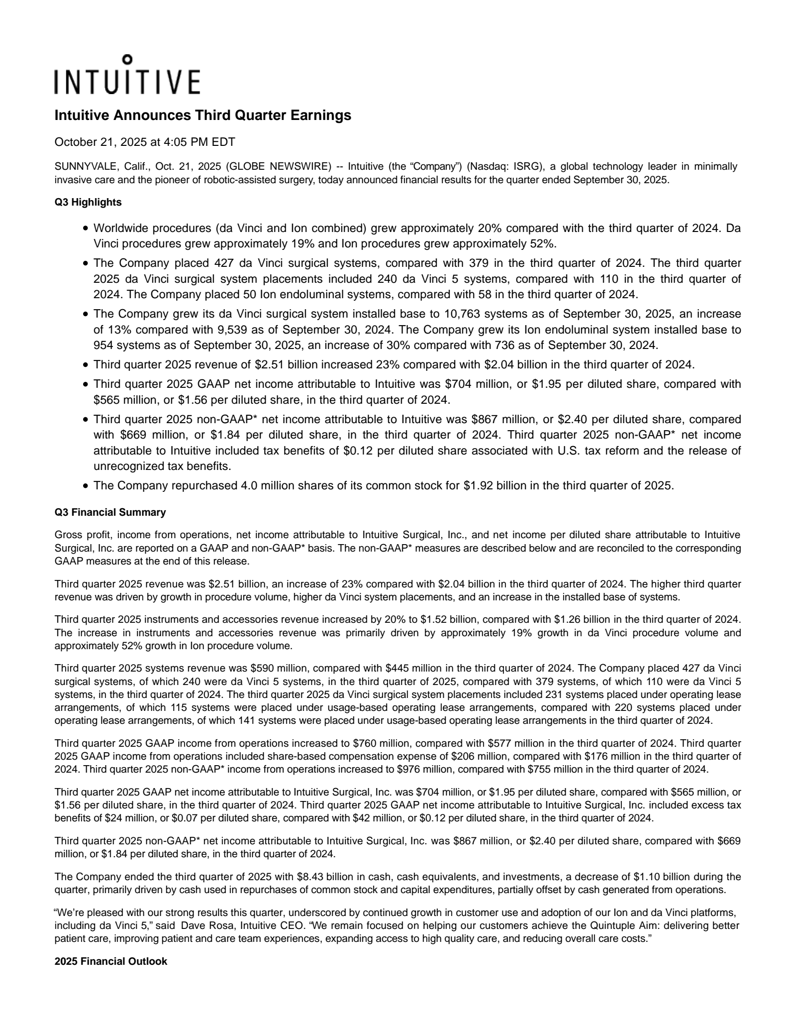 Intuitive Surgical's Q3 2025 Earnings Release