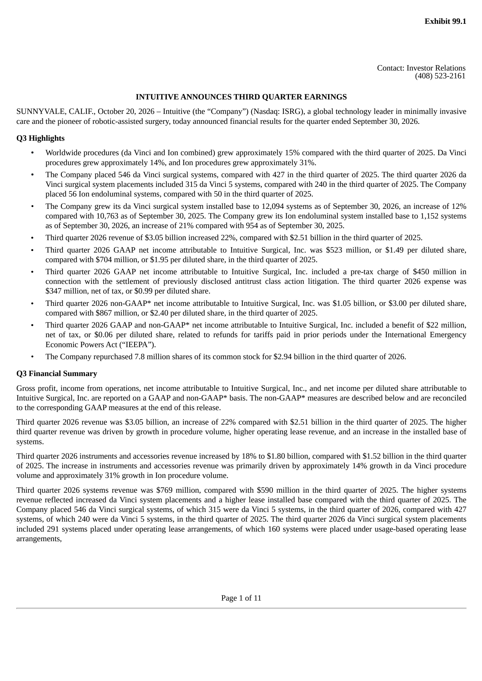 Intuitive Surgical (ISRG) Q3 2026 Earnings Results & Call Transcript