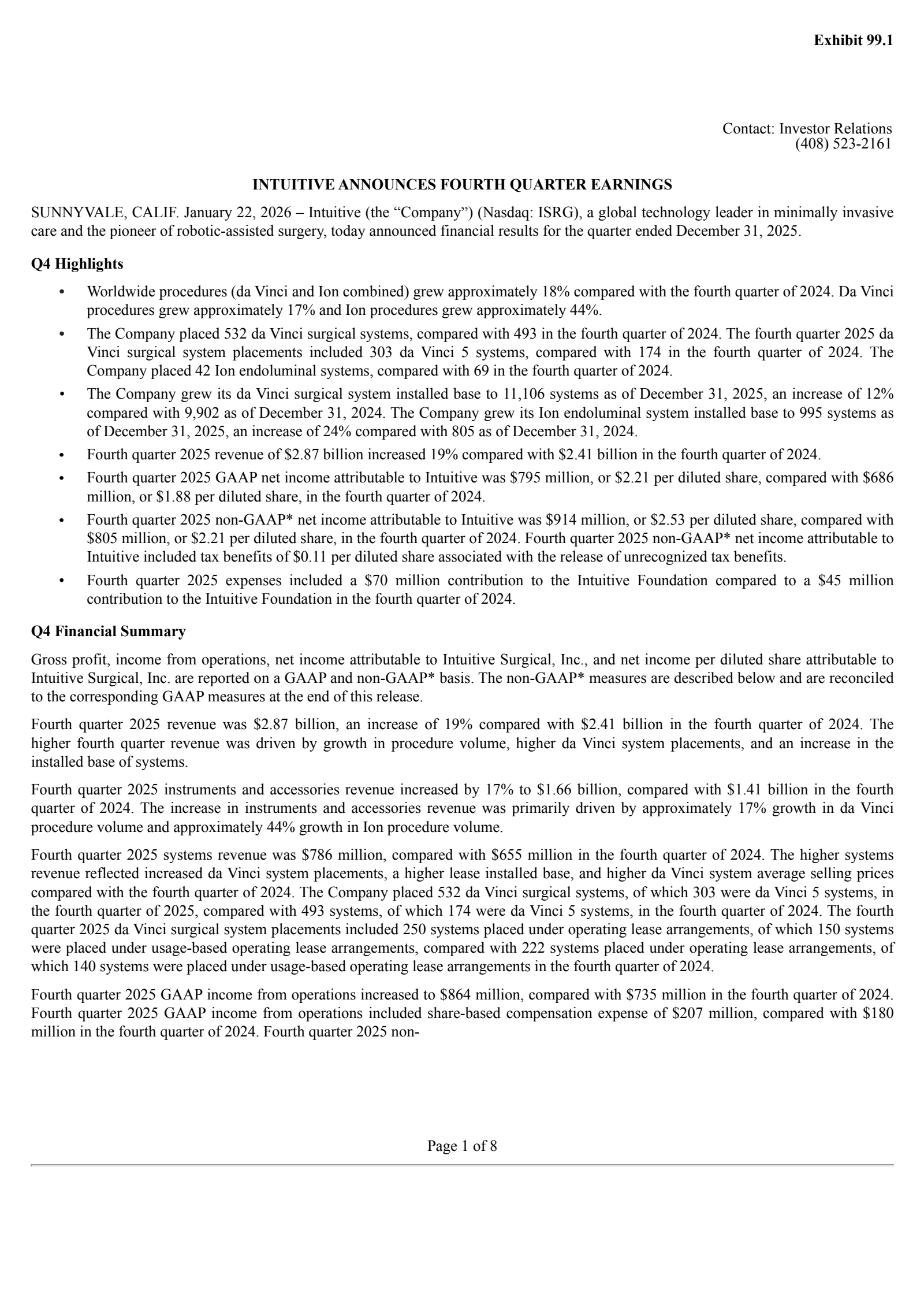Intuitive Surgical's Q4 2025 Press Release