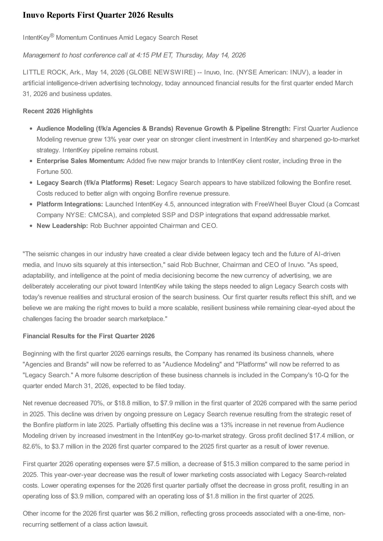 Inuvo's Q1 2026 Press Release