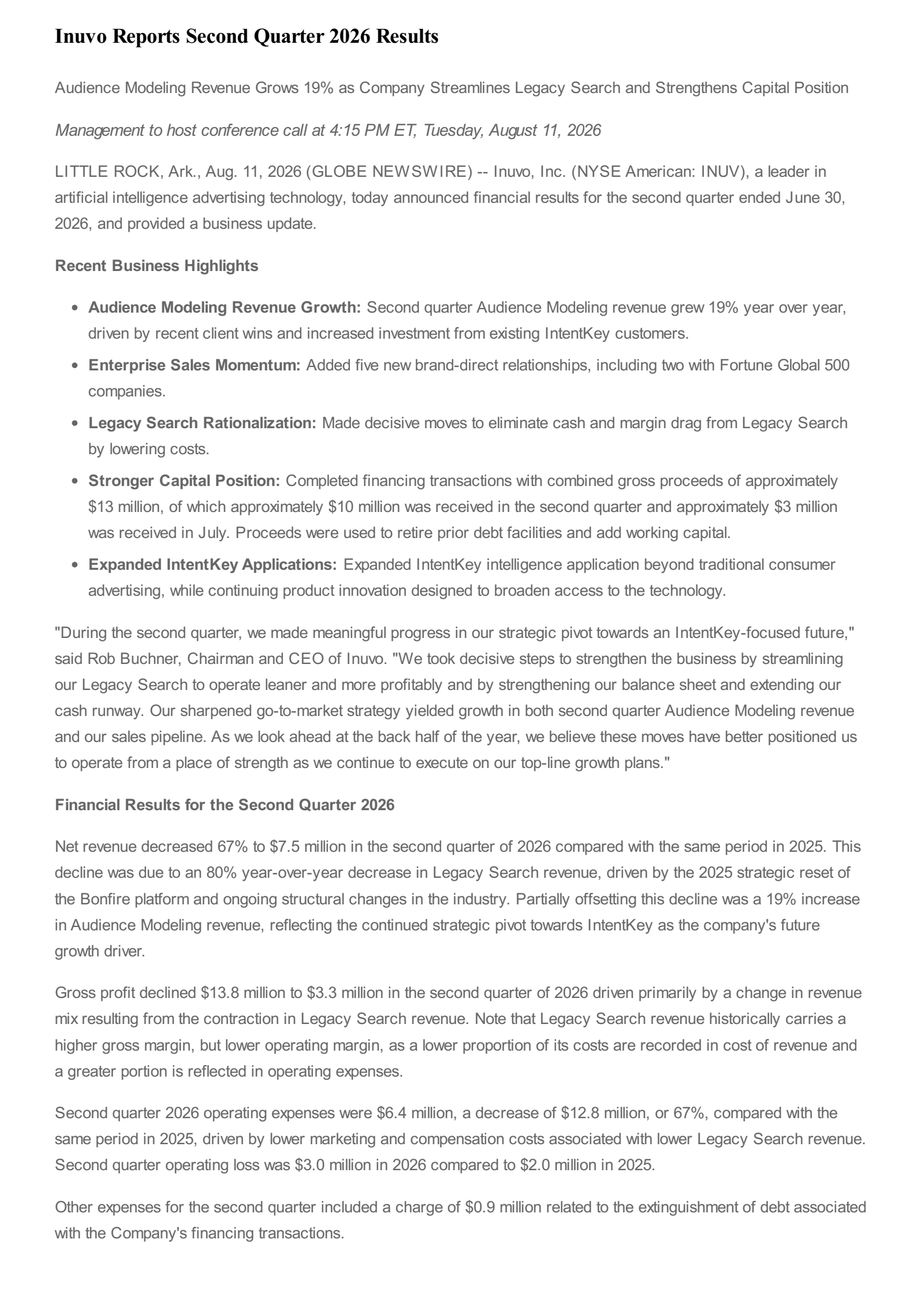 Inuvo's Q2 2026 Press Release