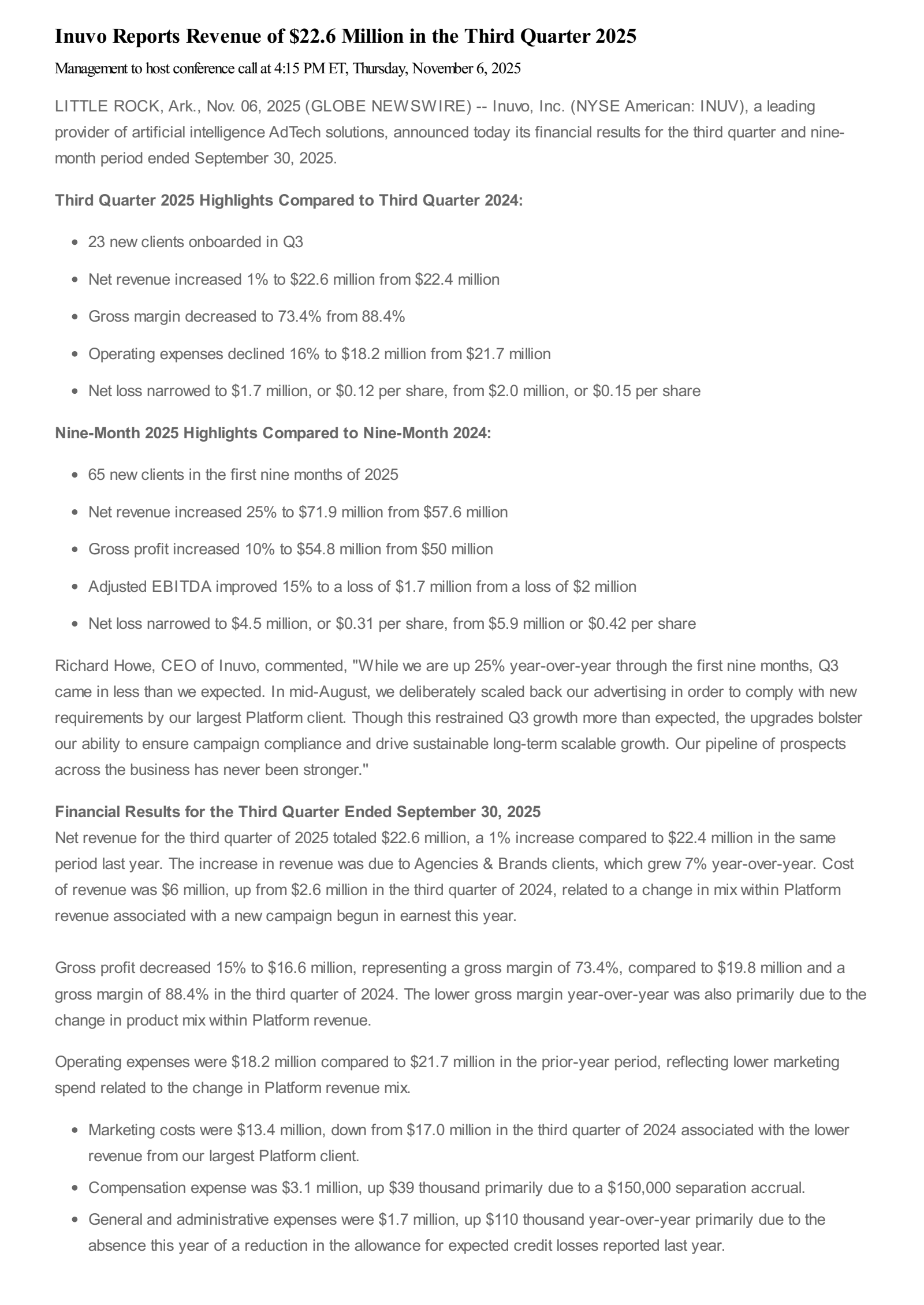Inuvo's Q3 2025 Earnings Release