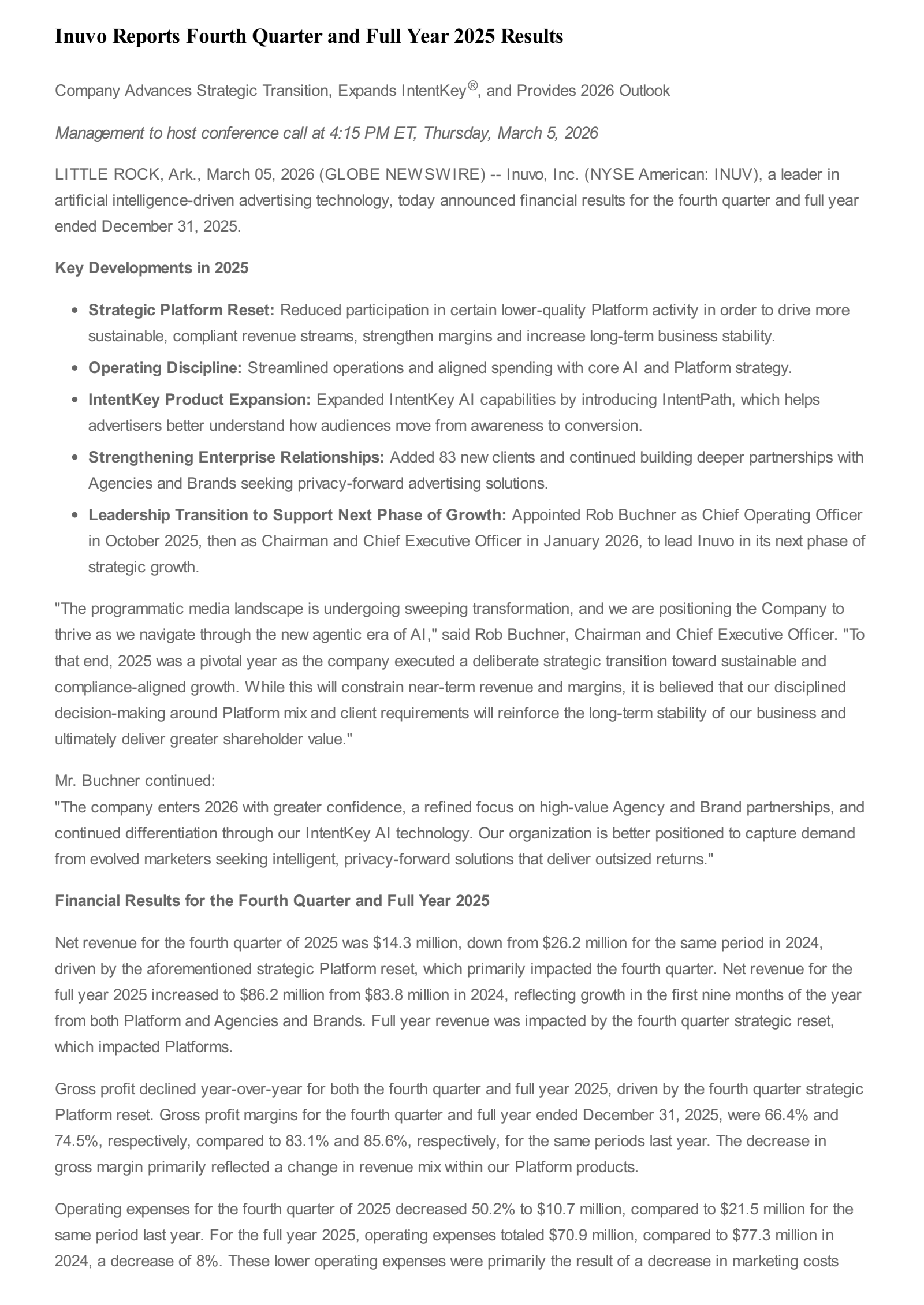 Inuvo's Q4 2025 Press Release