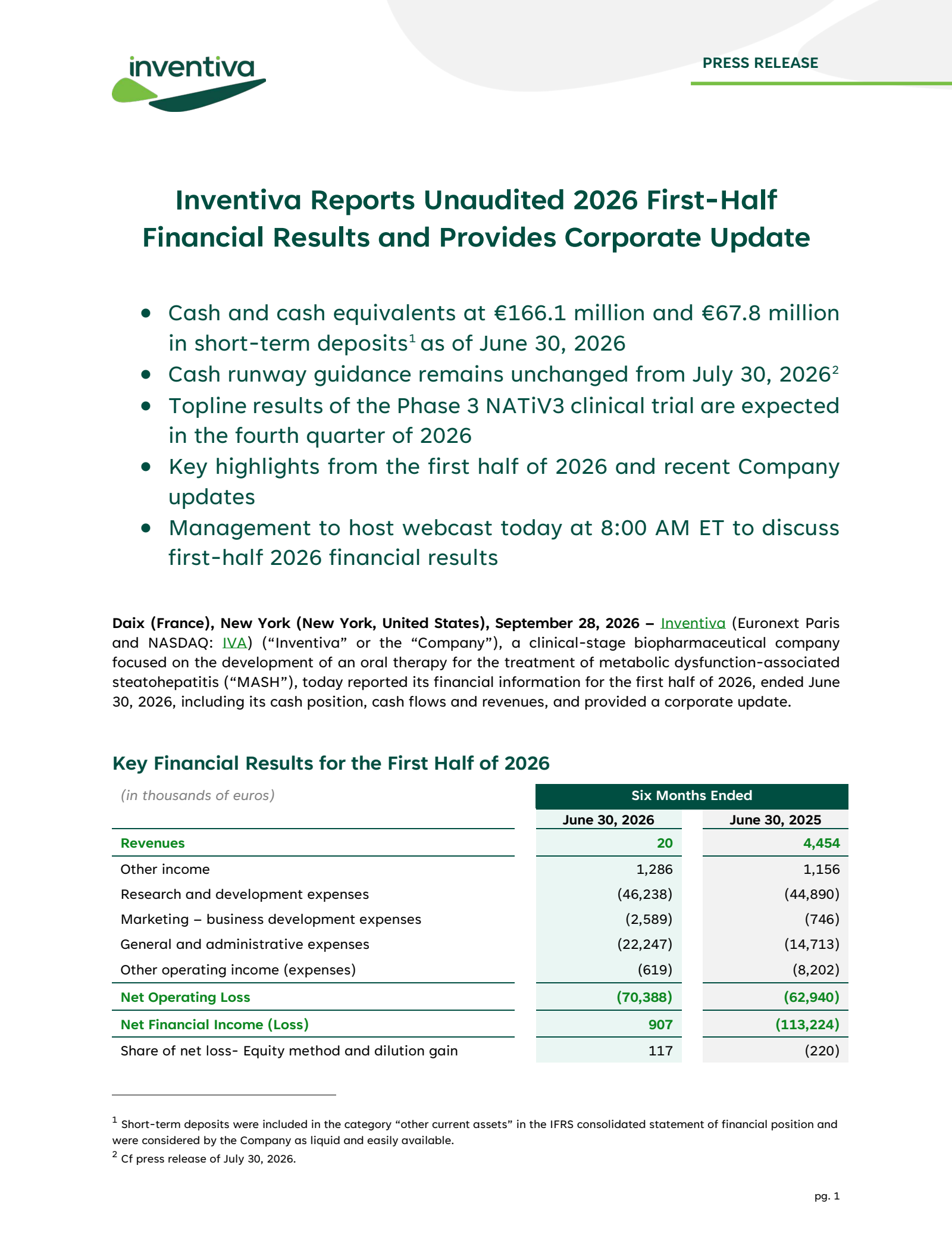 Inventiva's Q2 2026 Press Release