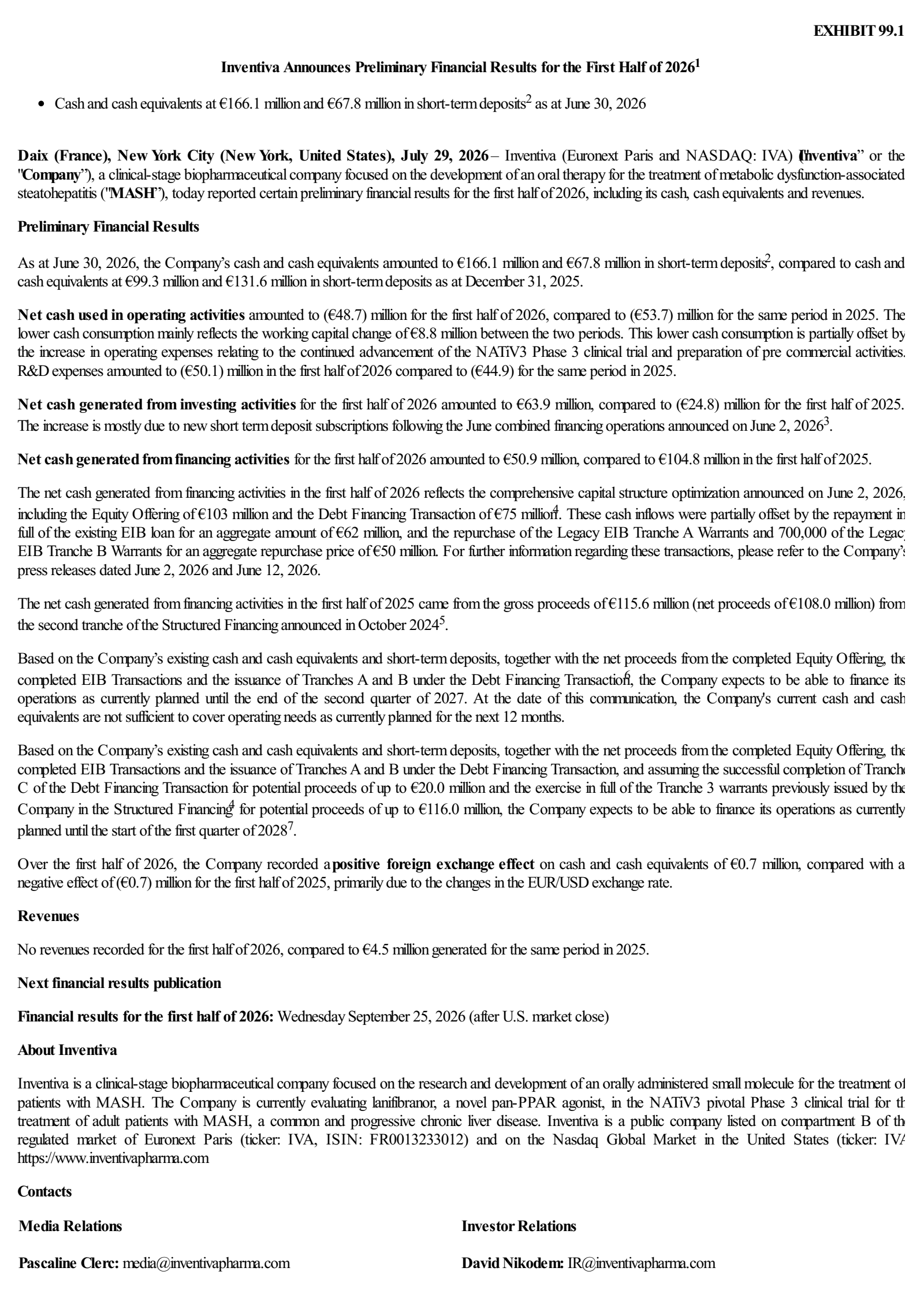 Inventiva's Q2 2026 TU Press Release