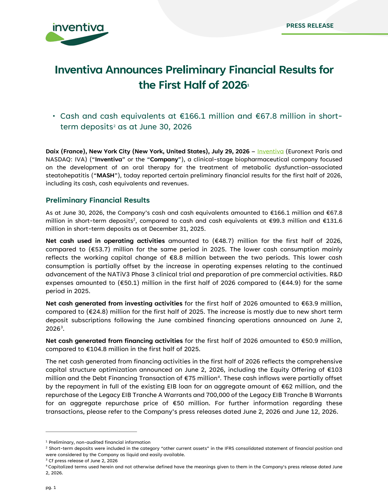 Inventiva's Q2 2026 TU Press Release