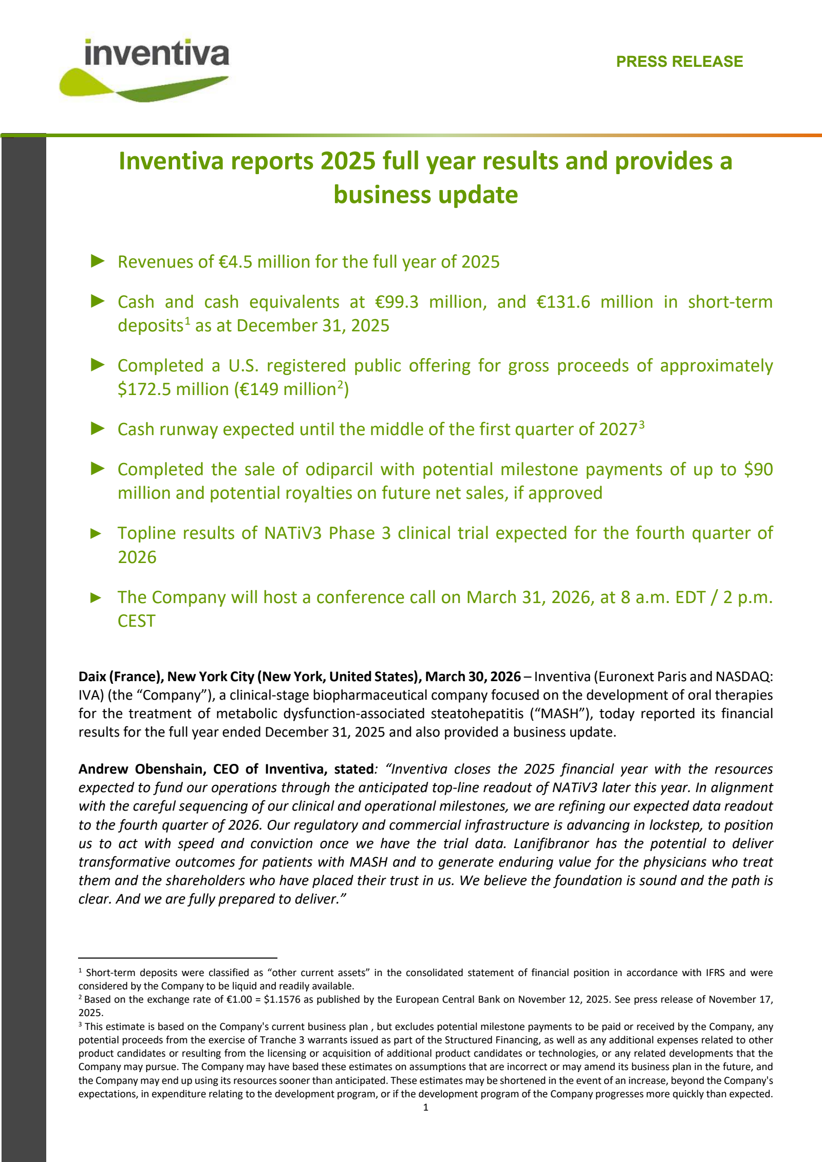 Inventiva's Q4 2025 Press Release