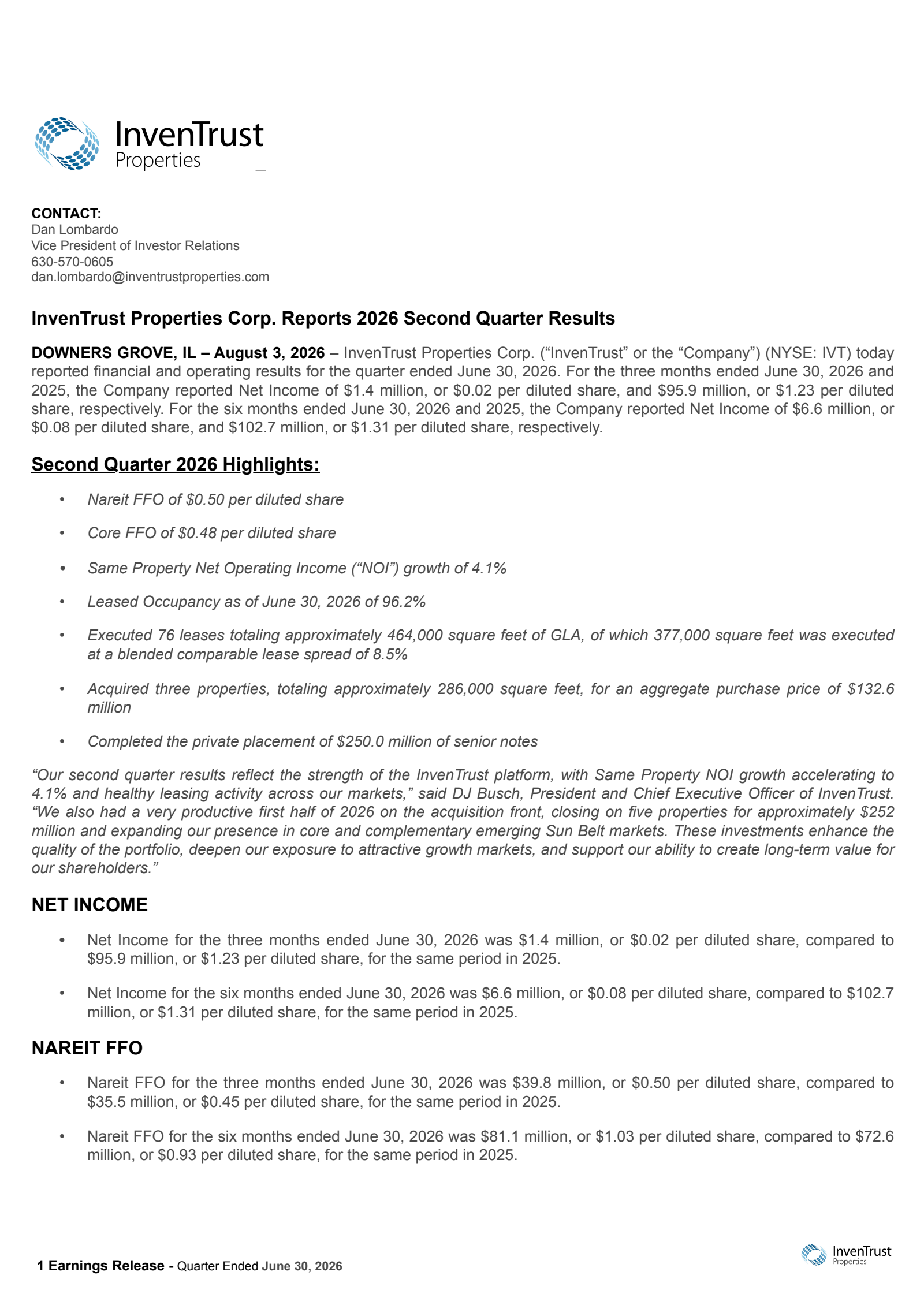 InvenTrust Properties' Q2 2026 Press Release