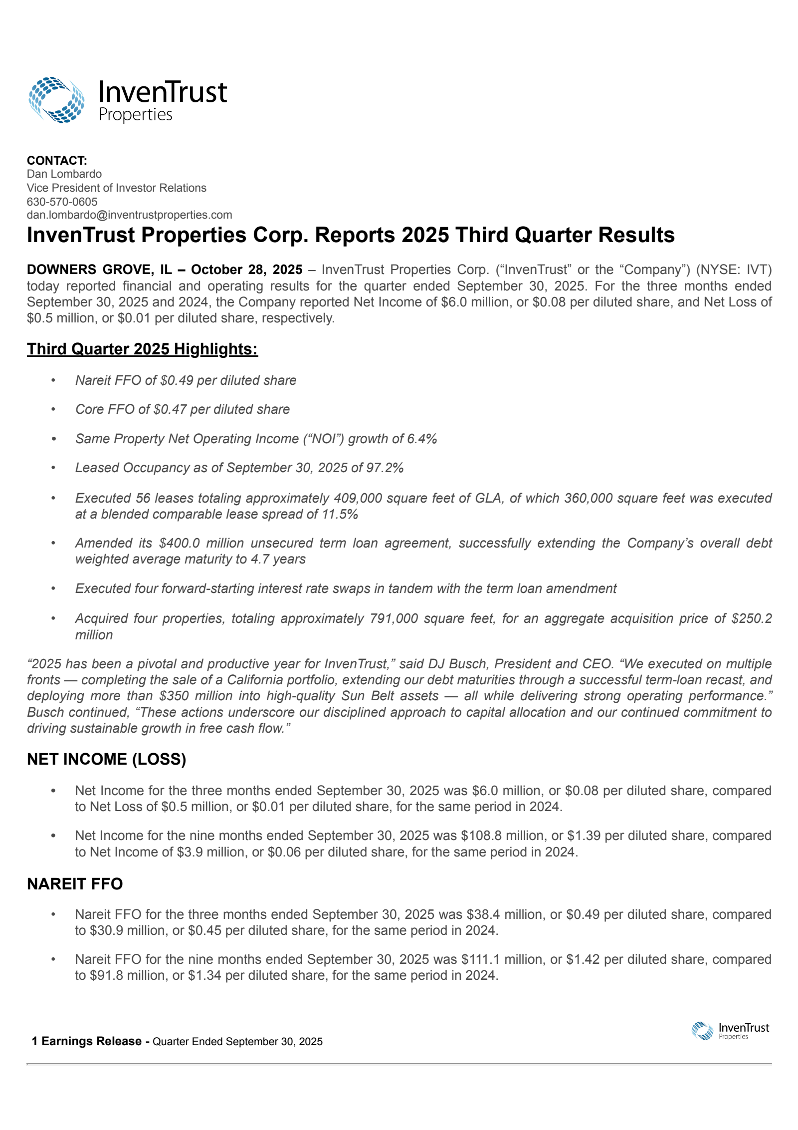 InvenTrust Properties' Q3 2025 Earnings Release