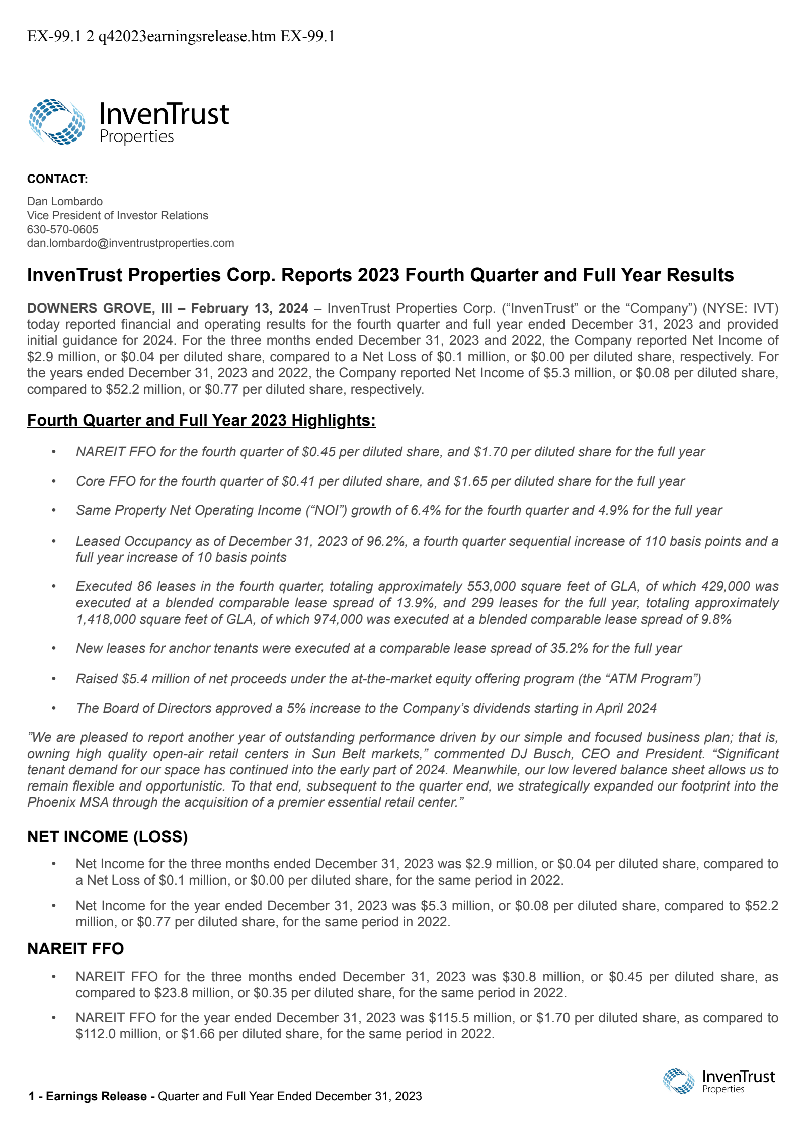 InvenTrust Properties' Q4 2023 Press Release