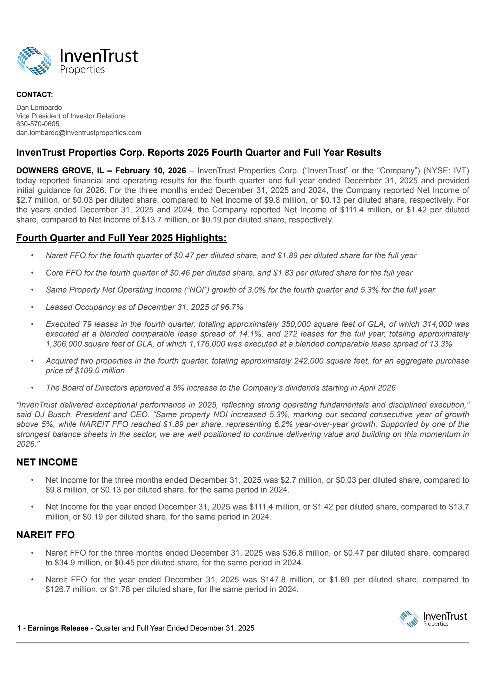 InvenTrust Properties' Q4 2025 Press Release