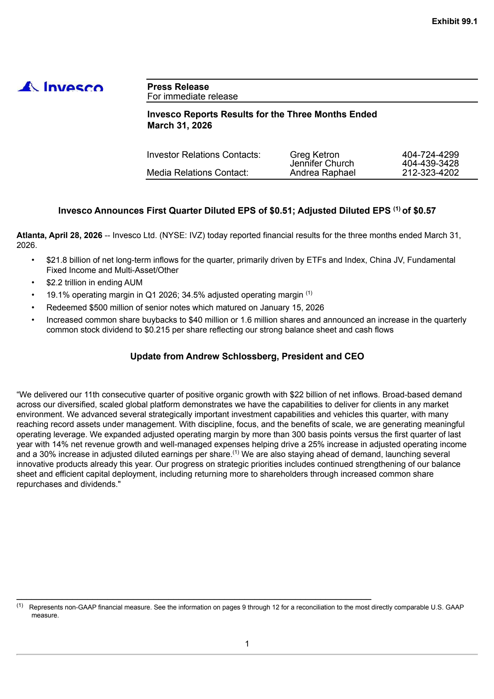 Invesco's Q1 2026 Press Release