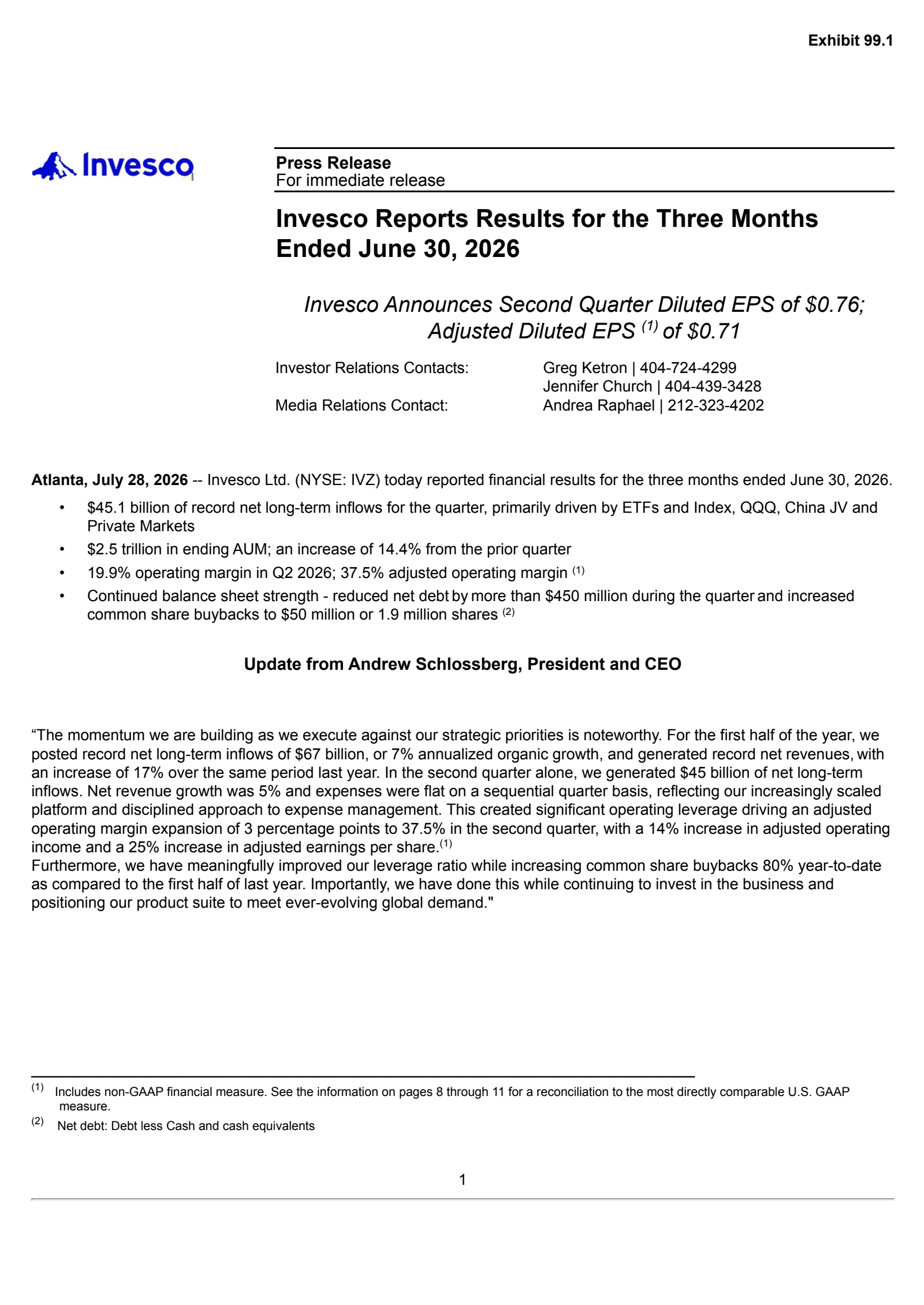Invesco's Q2 2026 Press Release