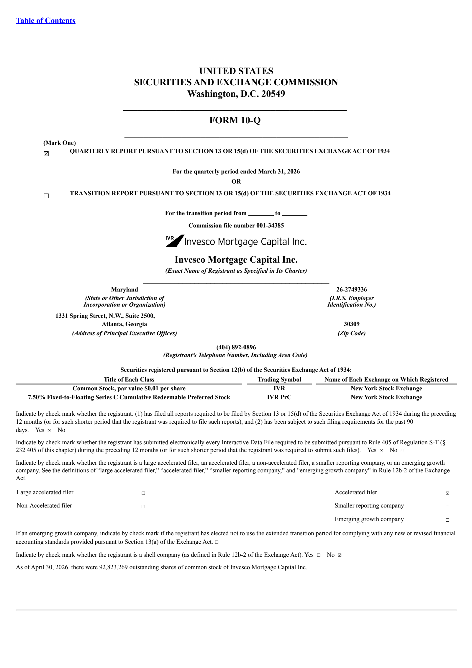 Invesco Mortgage Capital's Q1 2026 Quarterly report