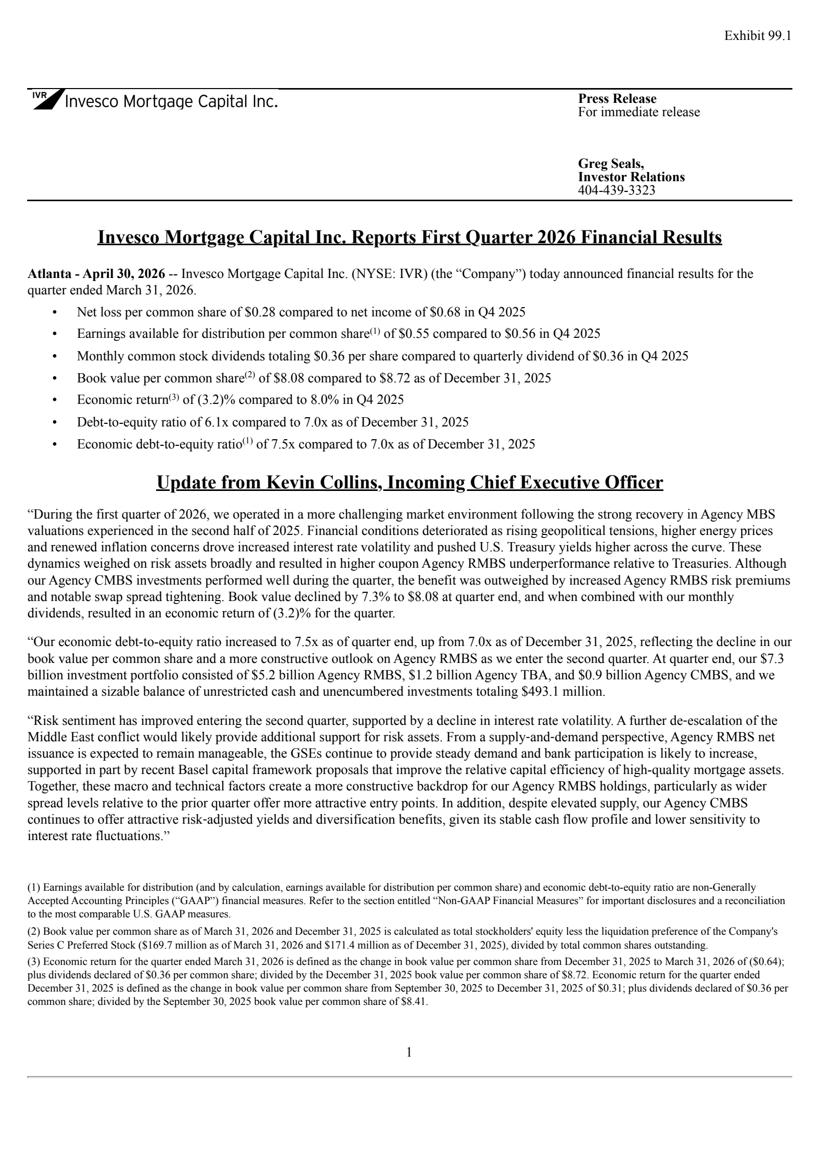 Invesco Mortgage Capital's Q1 2026 Press Release