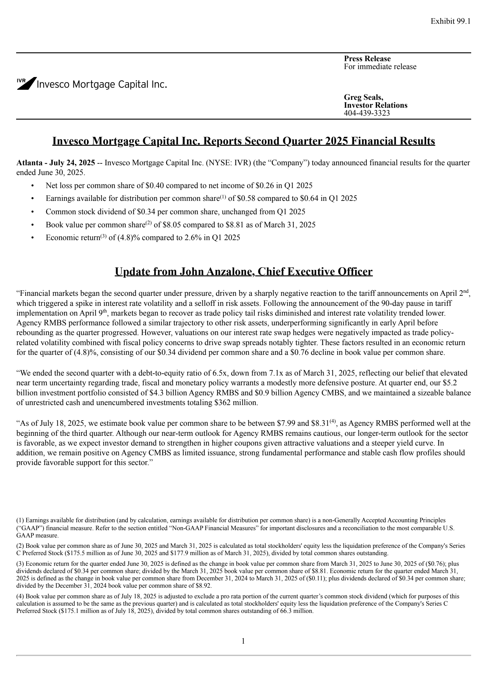 Invesco Mortgage Capital's Q2 2025 Press Release