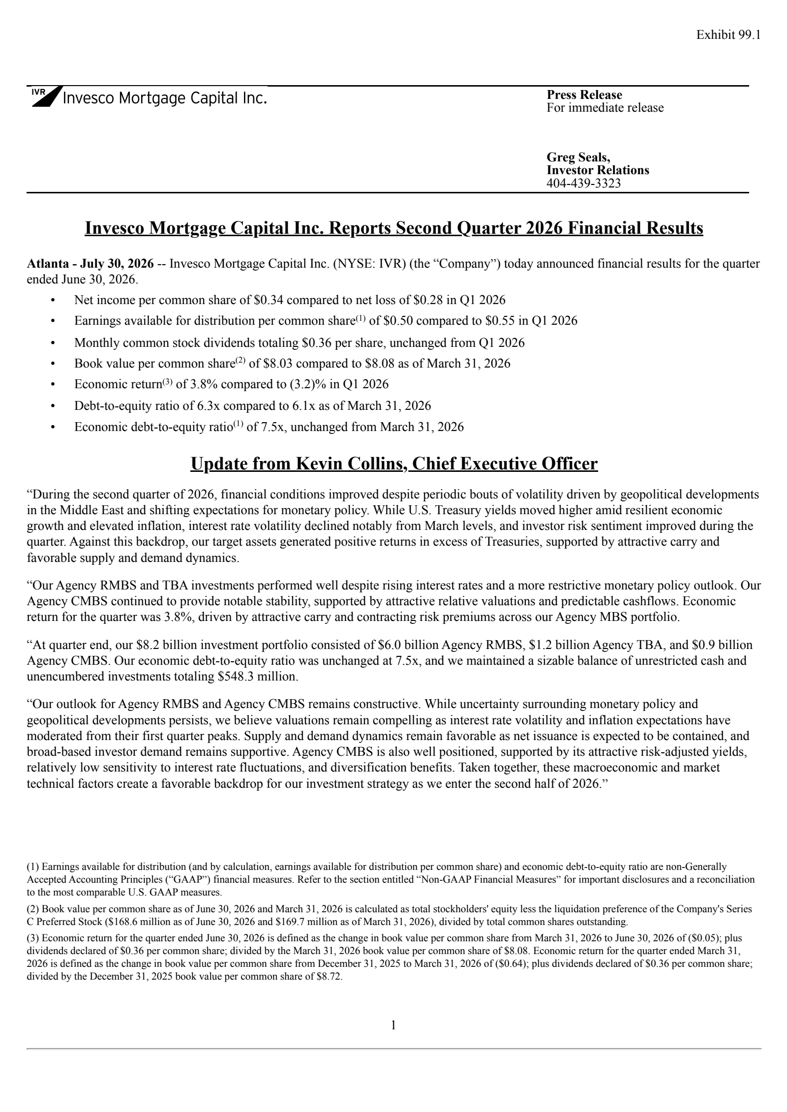 Invesco Mortgage Capital's Q2 2026 Press Release