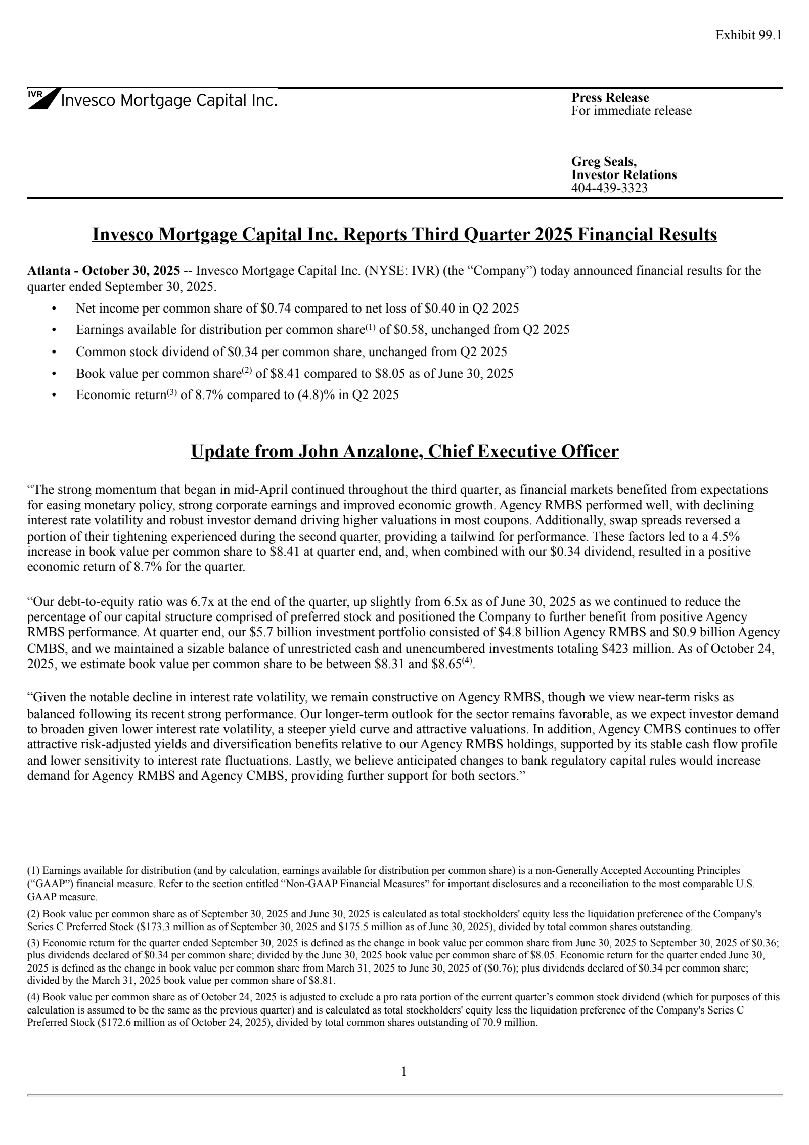 Invesco Mortgage Capital's Q3 2025 Earnings Release
