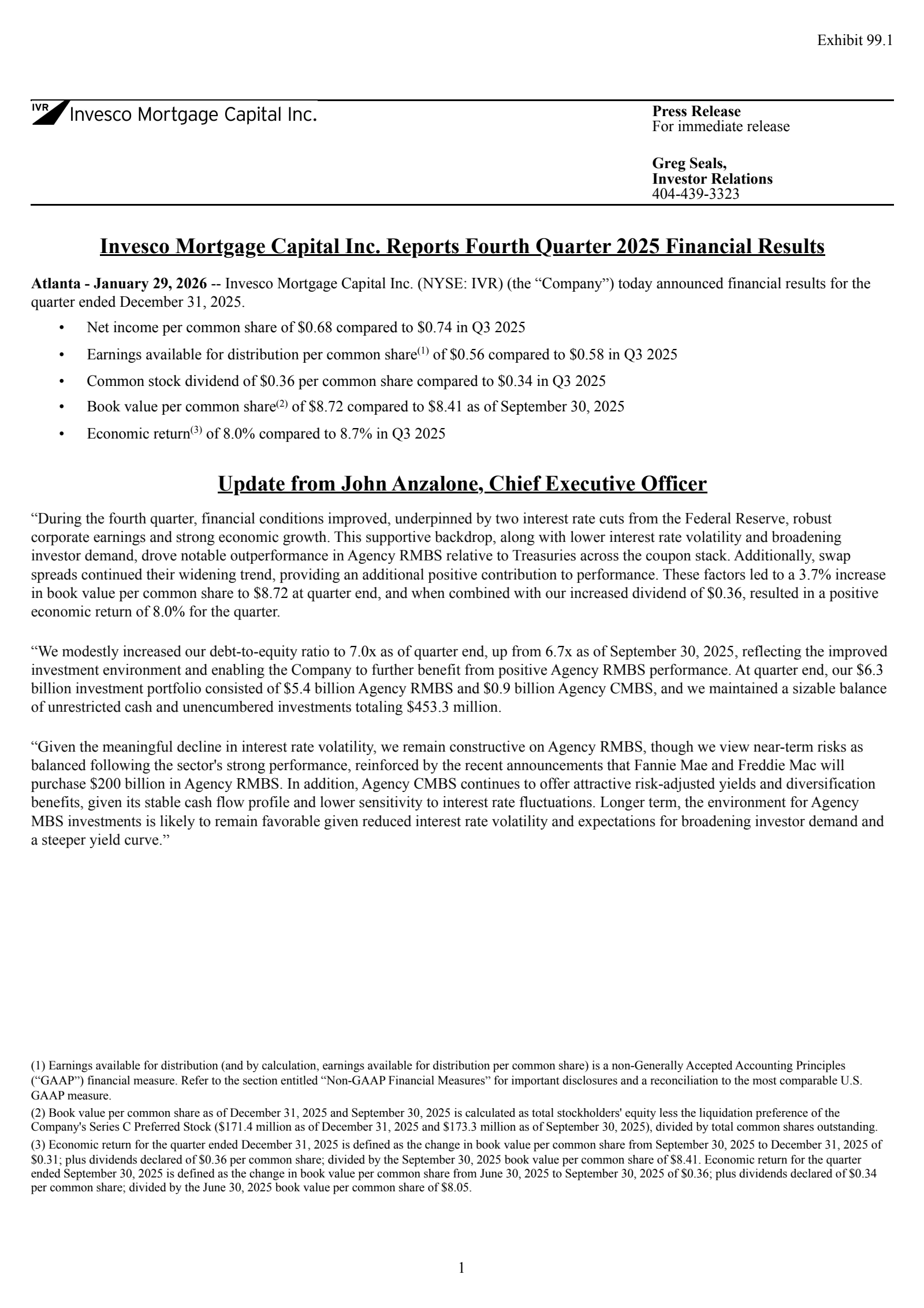 Invesco Mortgage Capital's Q4 2025 Press Release