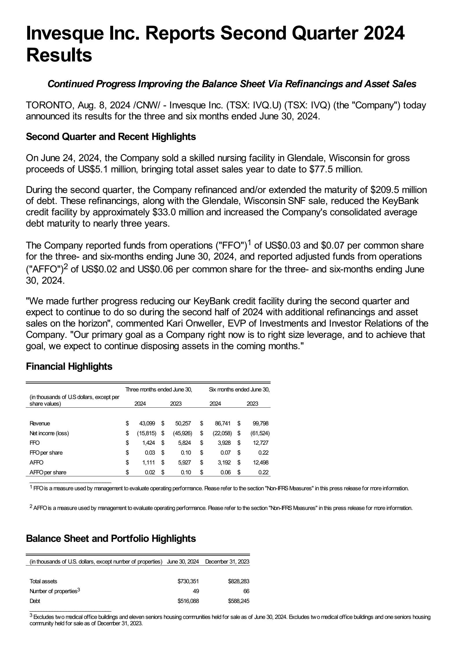 Invesque's Q2 2024 Press Release