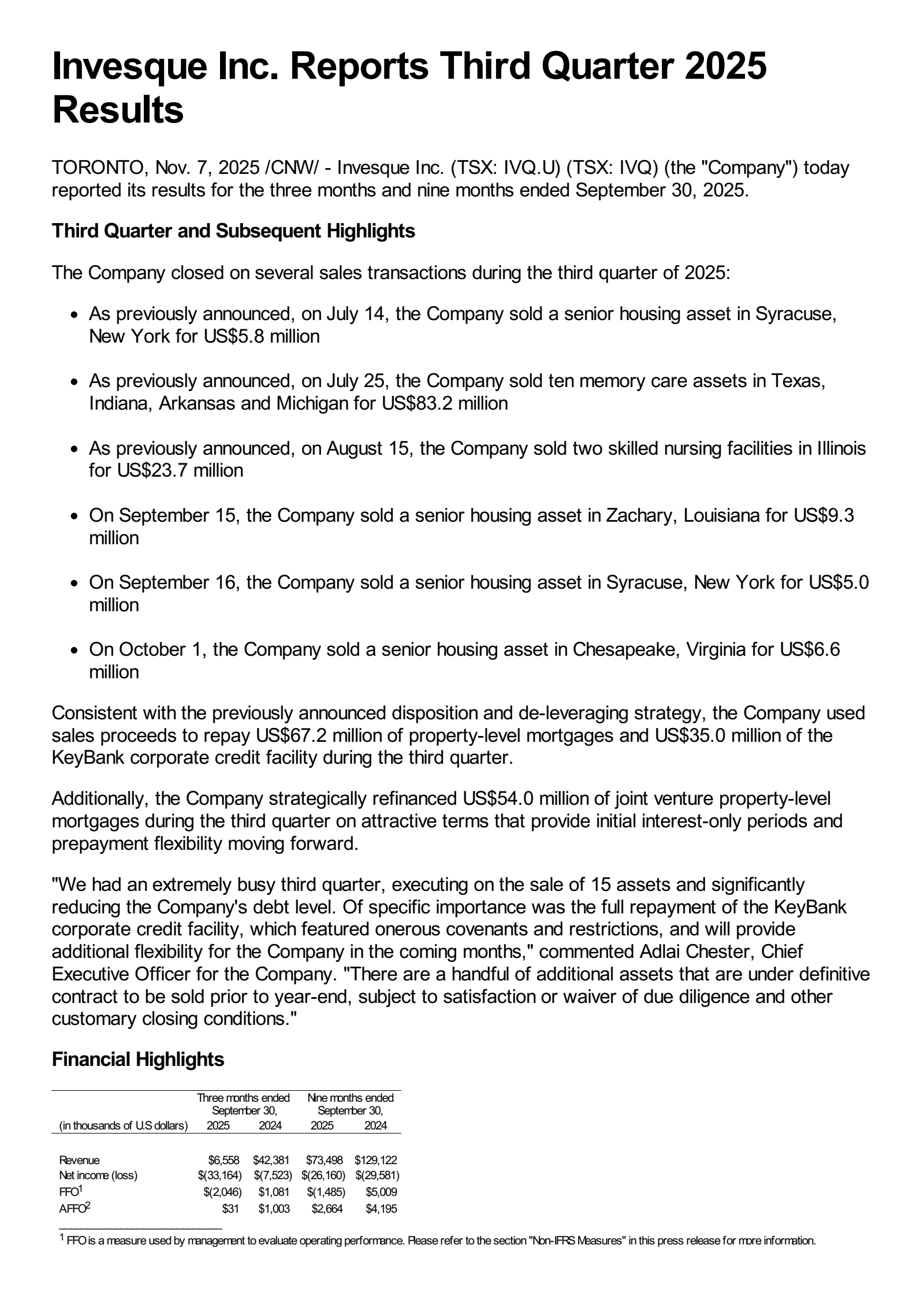Invesque's Q3 2025 Earnings Release