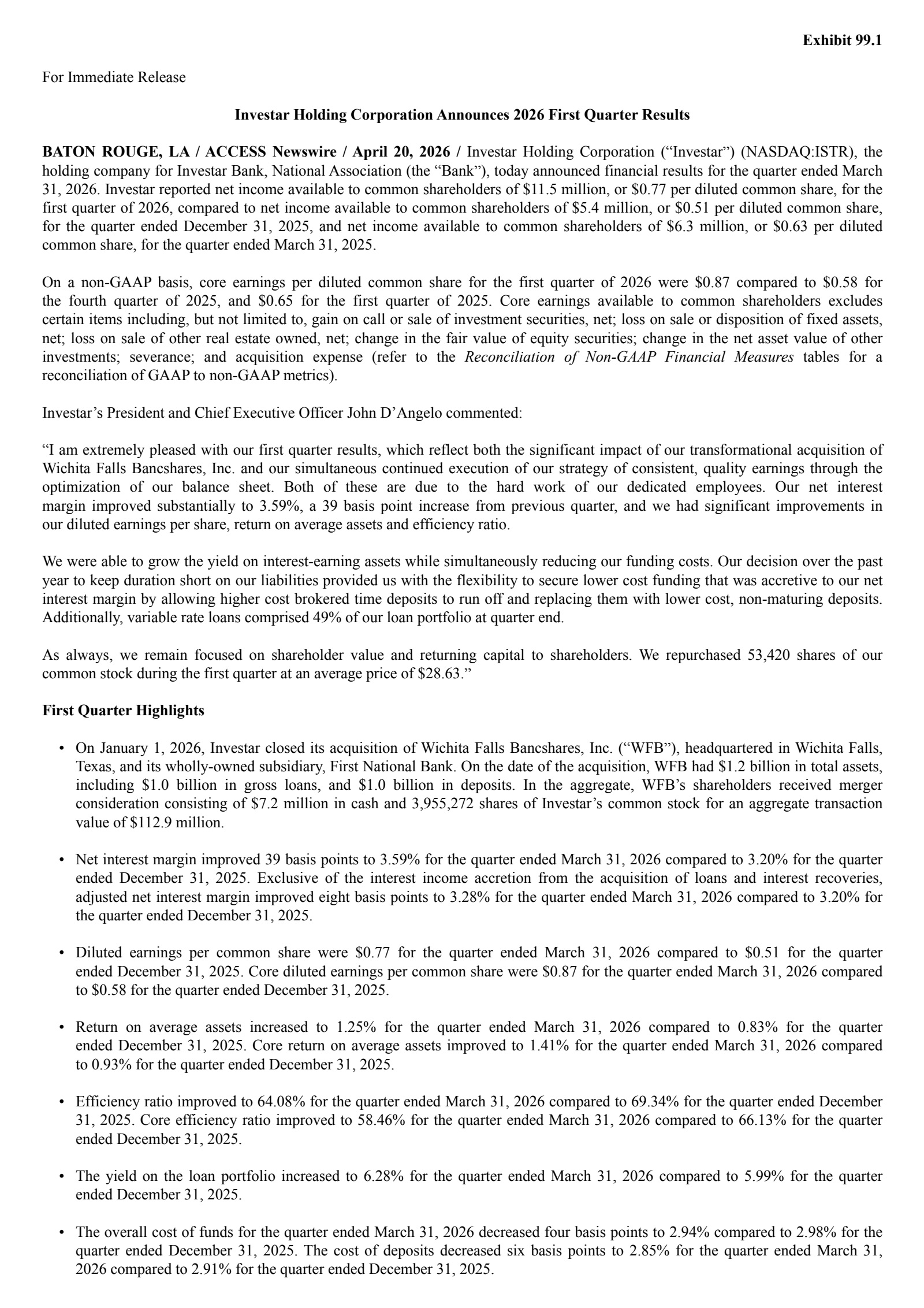 Investar's Q1 2026 Press Release