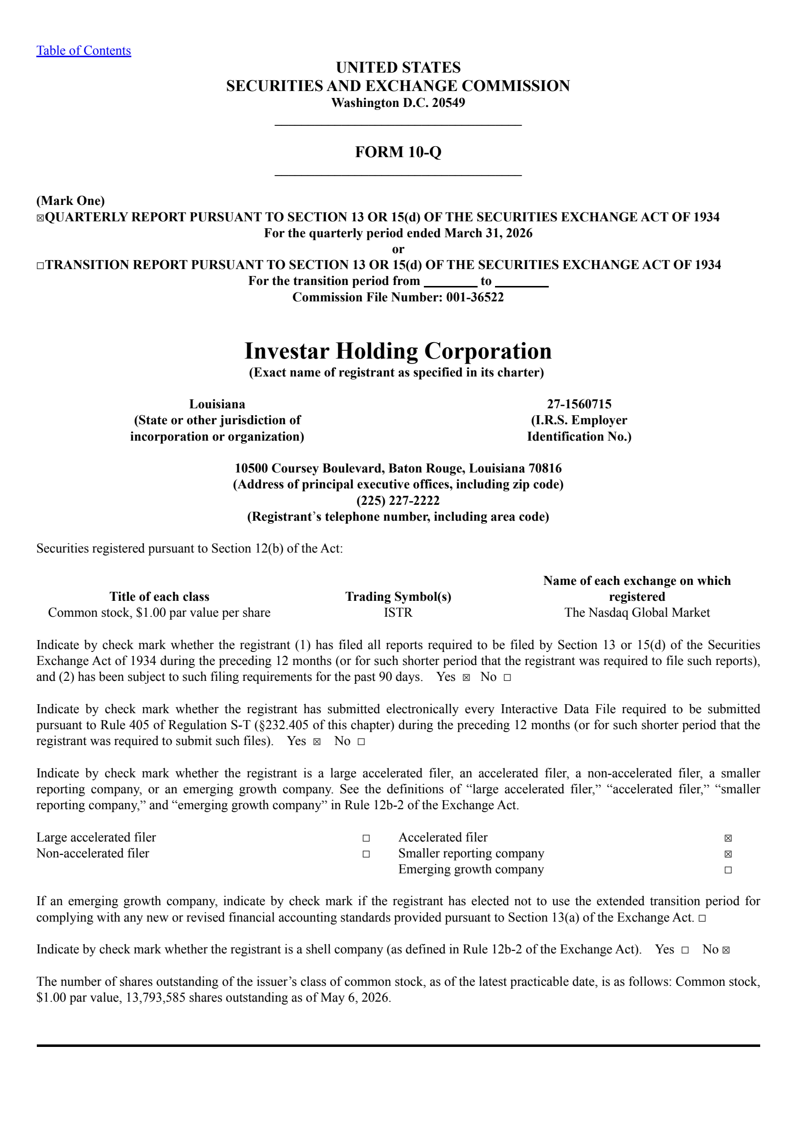 Investar's Q1 2026 Quarterly report