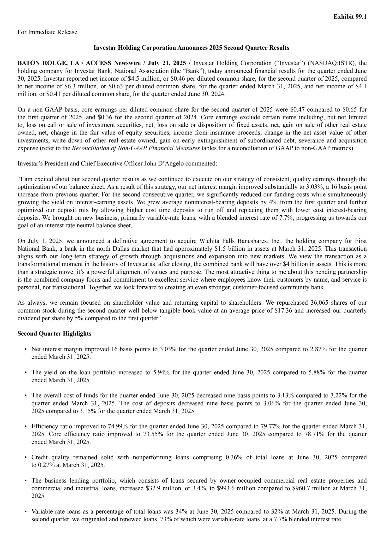 Investar's Q2 2025 Press Release