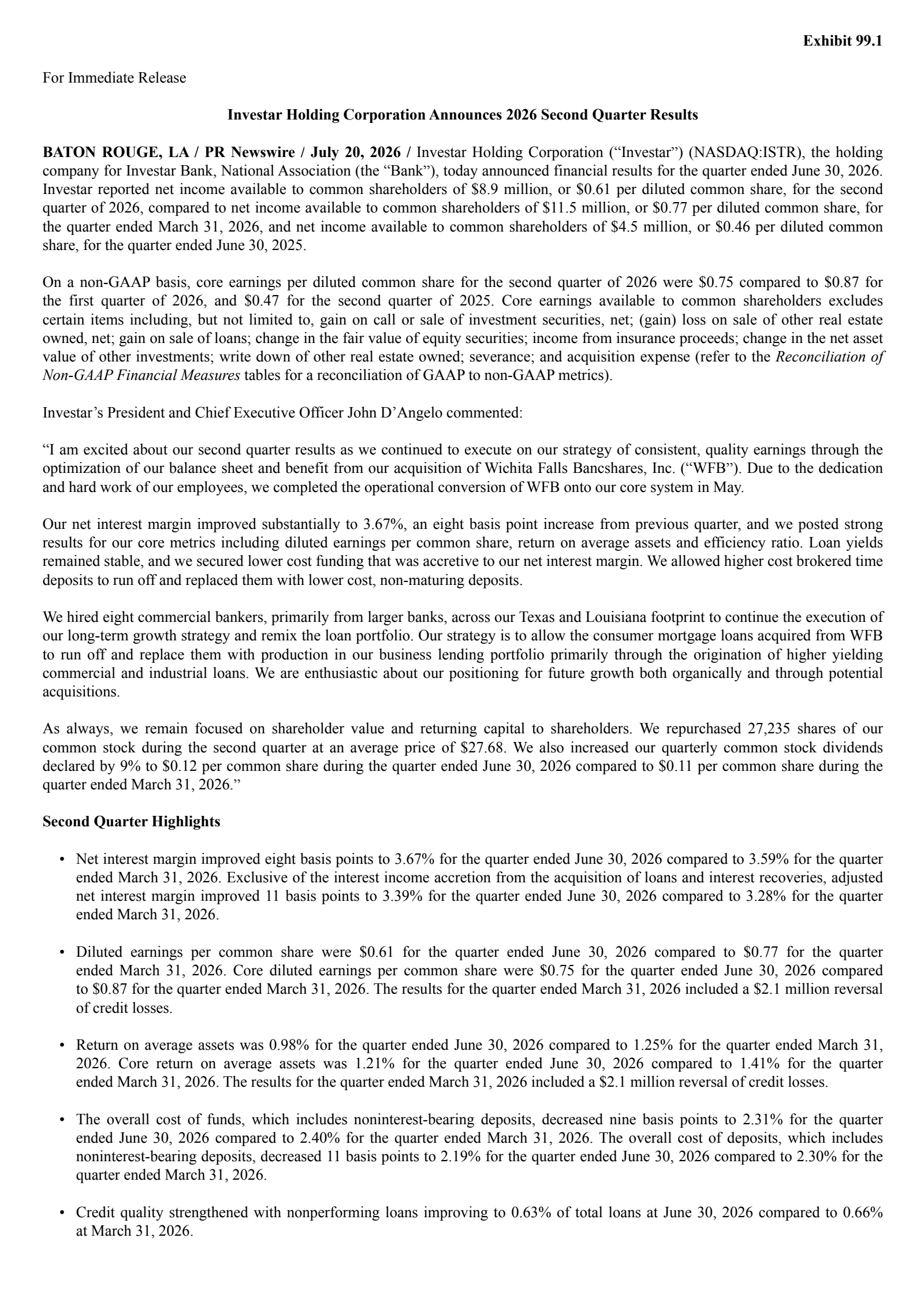 Investar's Q2 2026 Press Release