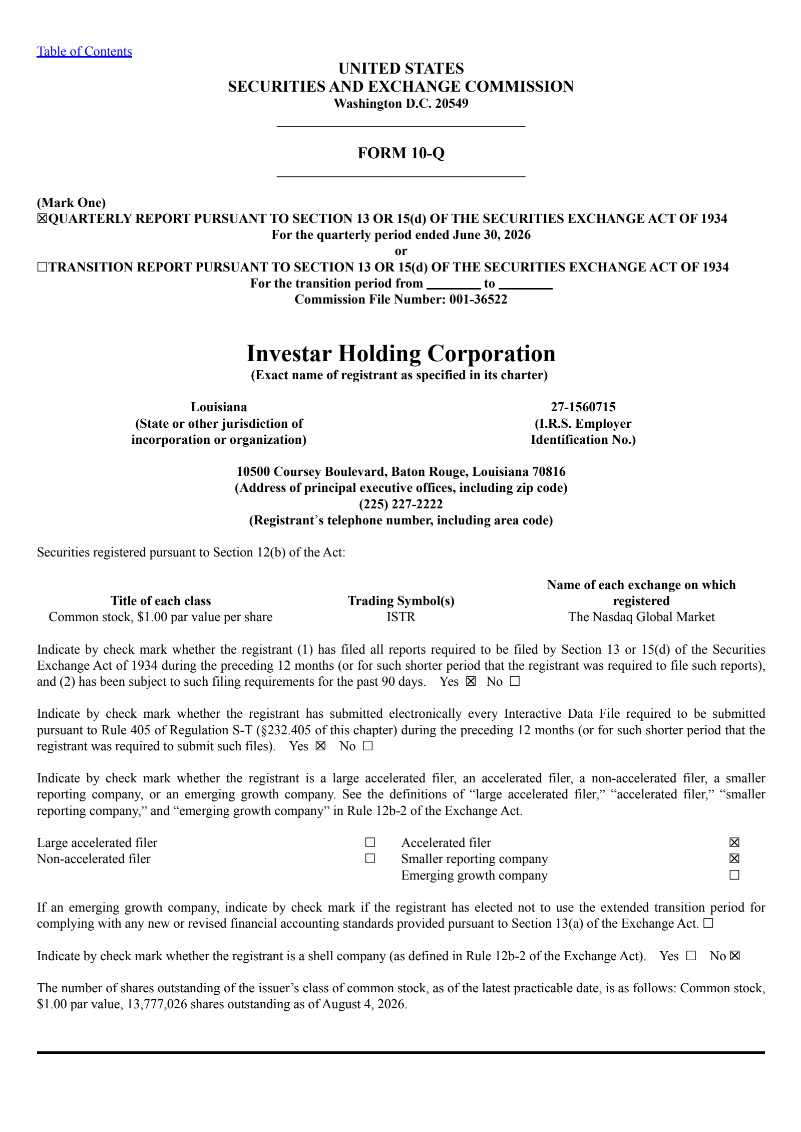 Investar's Q2 2026 Quarterly report