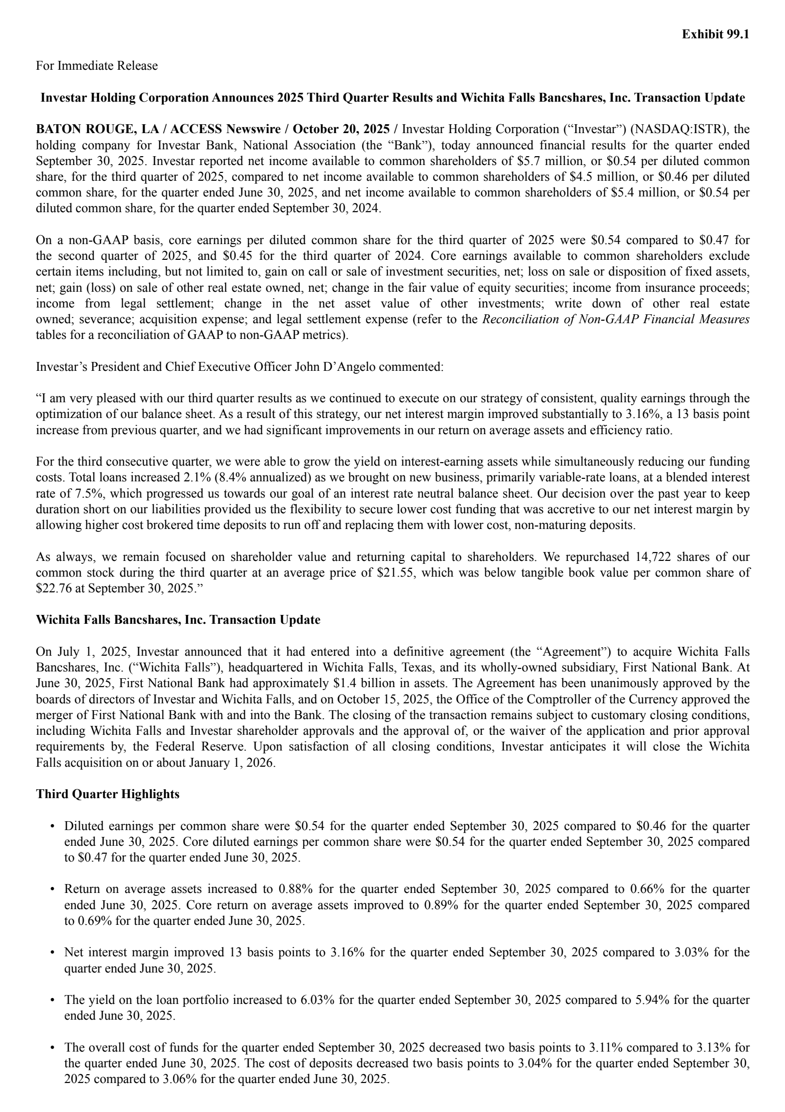 Investar's Q3 2025 Earnings Release