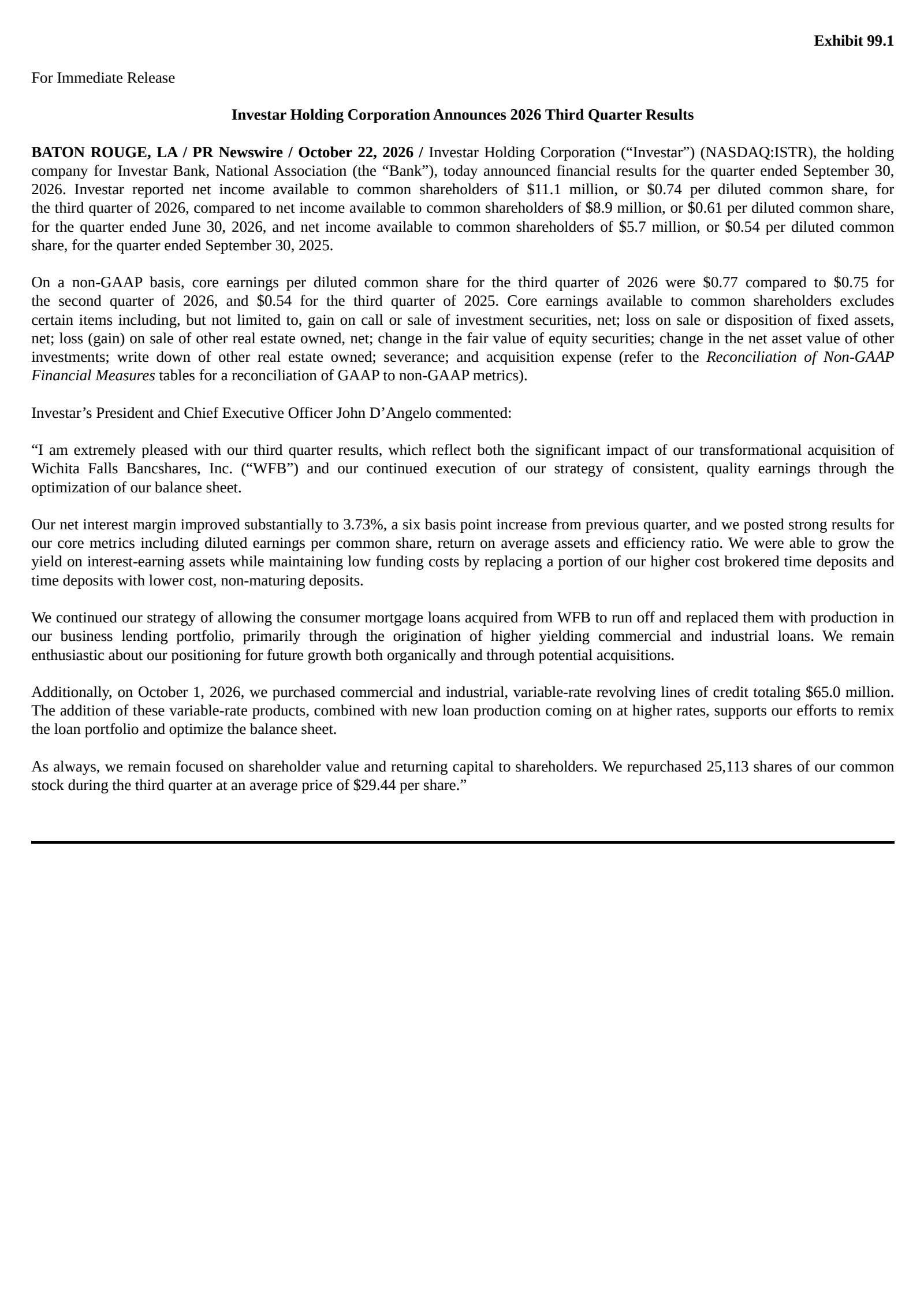 Investar's Q3 2026 Press Release
